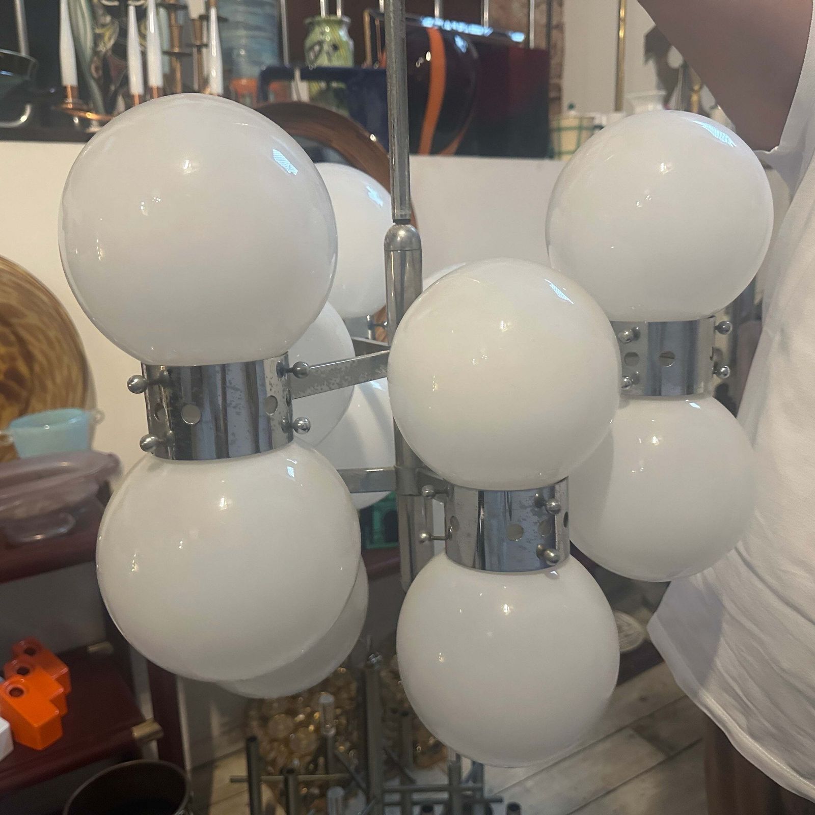 1960s Space Age Steel And Opaline Glass 10 Lights Italian Chandelier photo for sale
