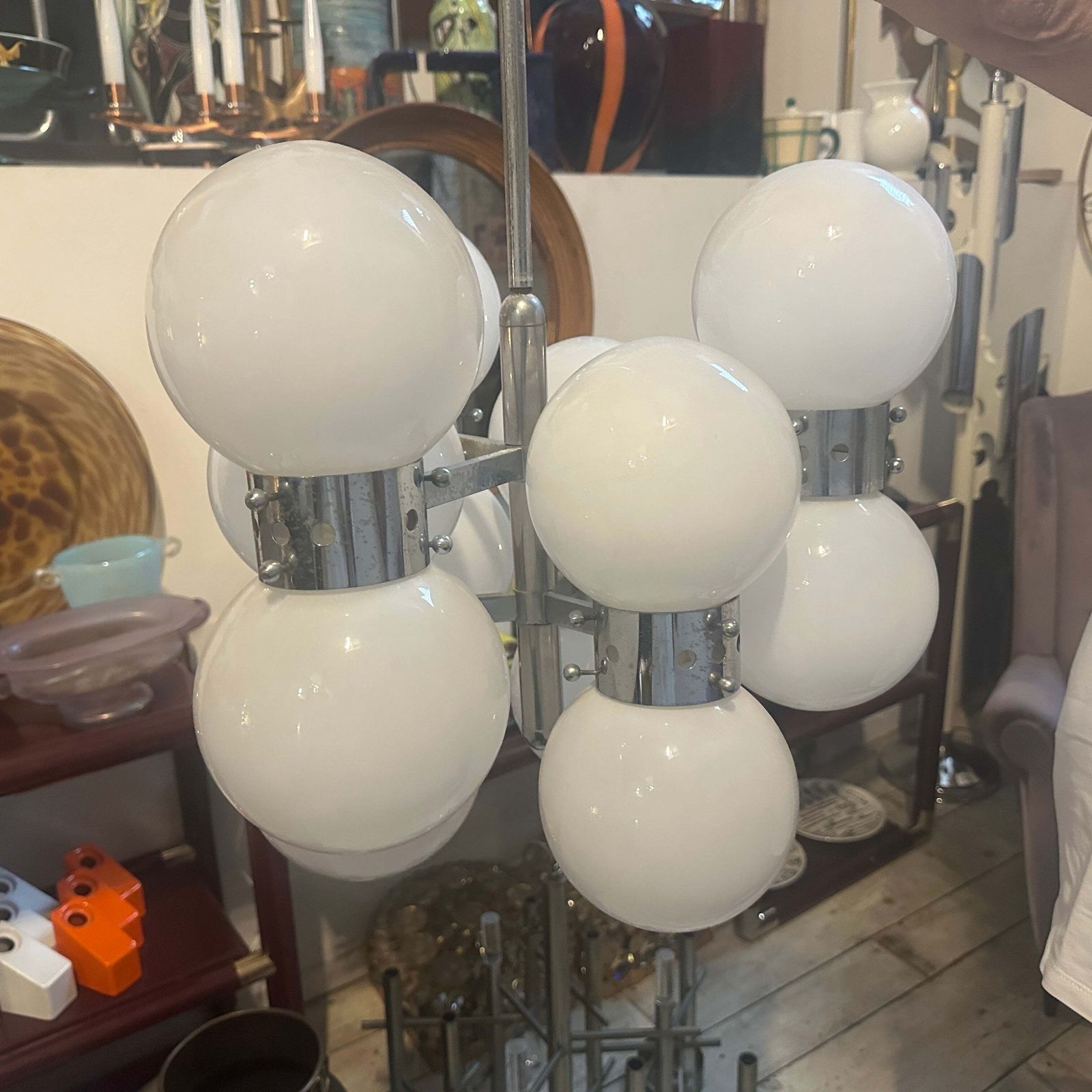 1960s Space Age Steel And Opaline Glass 10 Lights Italian Chandelier photo Lighting