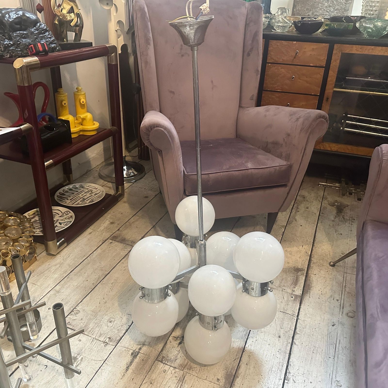 1960s Space Age Steel And Opaline Glass 10 Lights Italian Chandelier photo vintage