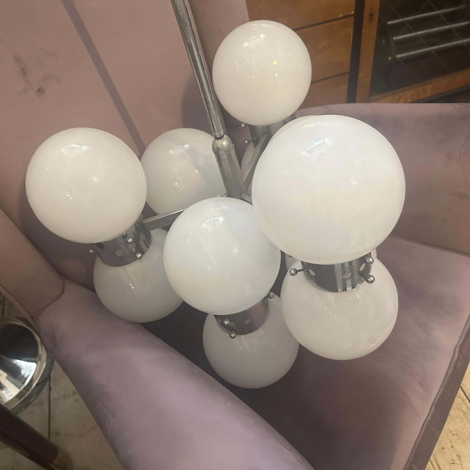Lighting 1960s Space Age Steel And Opaline Glass 10 Lights Italian Chandelier photo