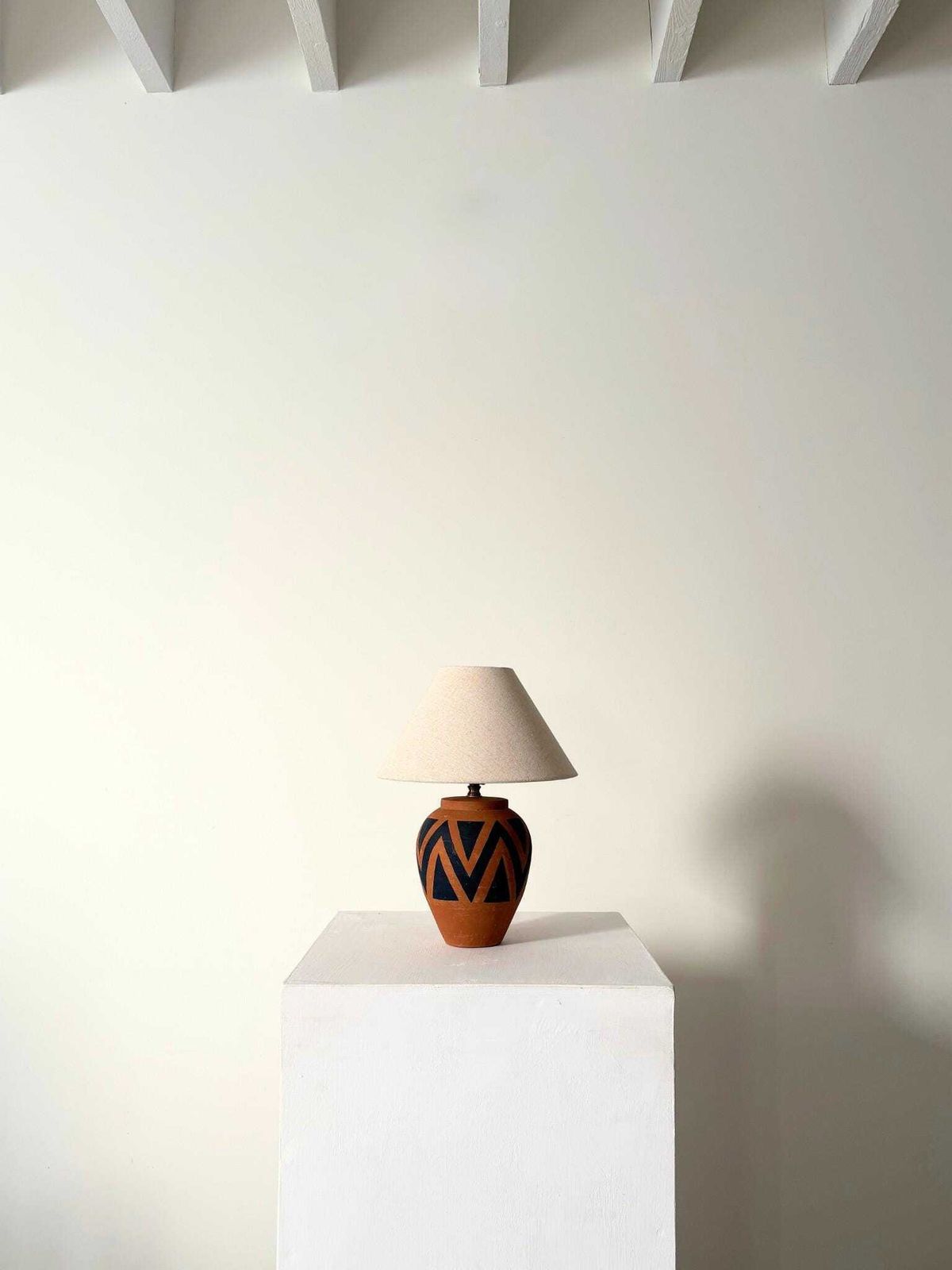 Hand Painted Terracotta Table Lamp With Zig Zag Chevron Design, Rewired And Pat Tested