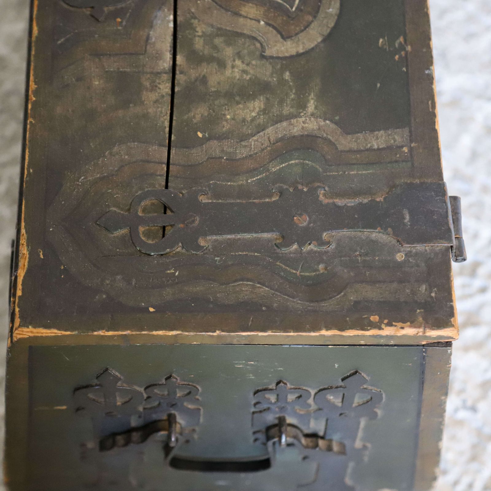 375.0 Antique European Folk Art Decoration Chest/Box Dated 1897   Hand Forged Iron Fittings photo