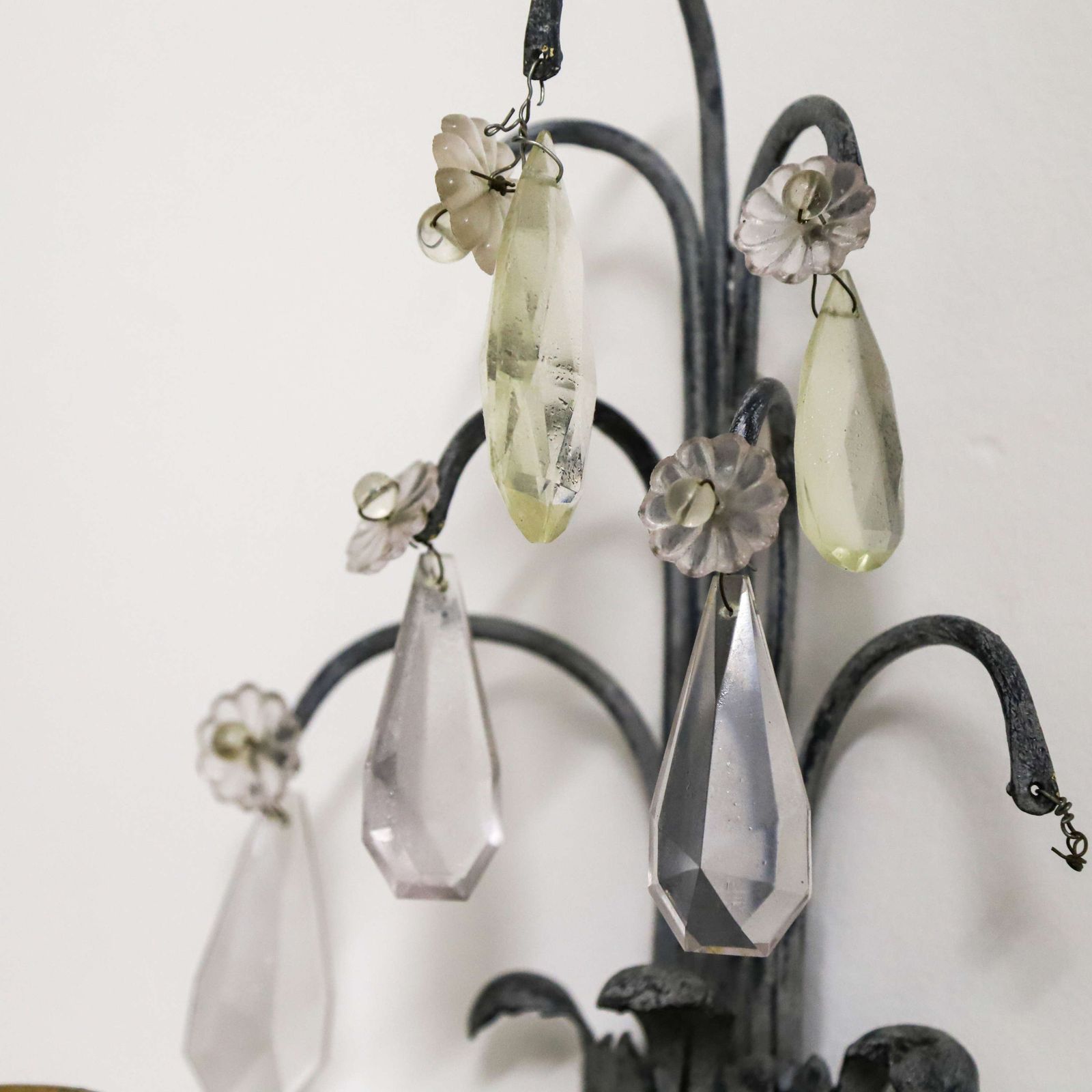 Pair Of Rewired French Wall Lights Circa 1930   Elegant Scrolled Arms & Crystal Drops photo 350.0