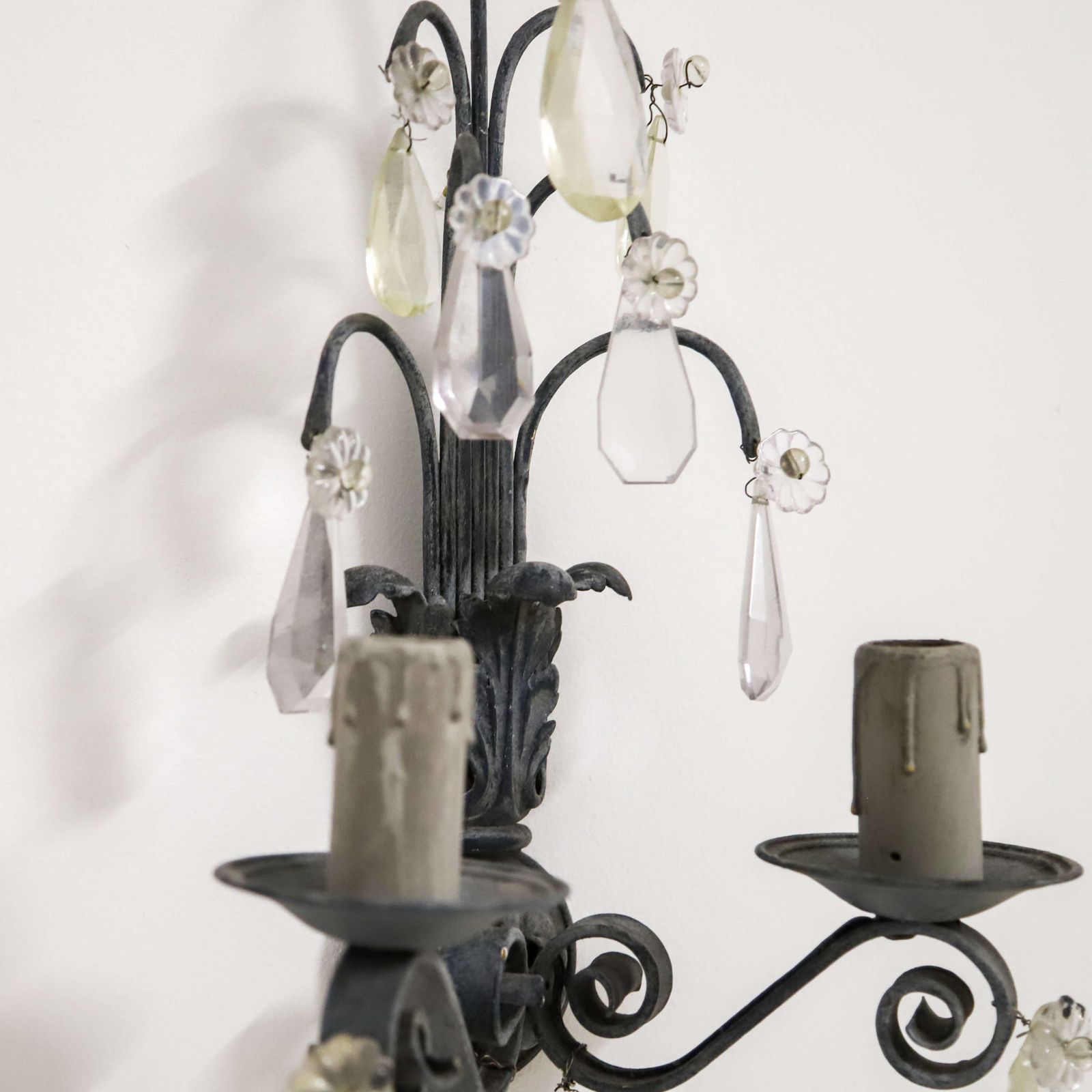 Pair Of Rewired French Wall Lights Circa 1930   Elegant Scrolled Arms & Crystal Drops photo vinterior