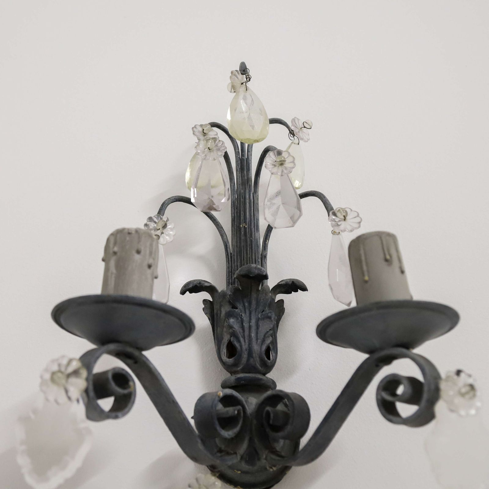 Lighting Pair Of Rewired French Wall Lights Circa 1930   Elegant Scrolled Arms & Crystal Drops photo