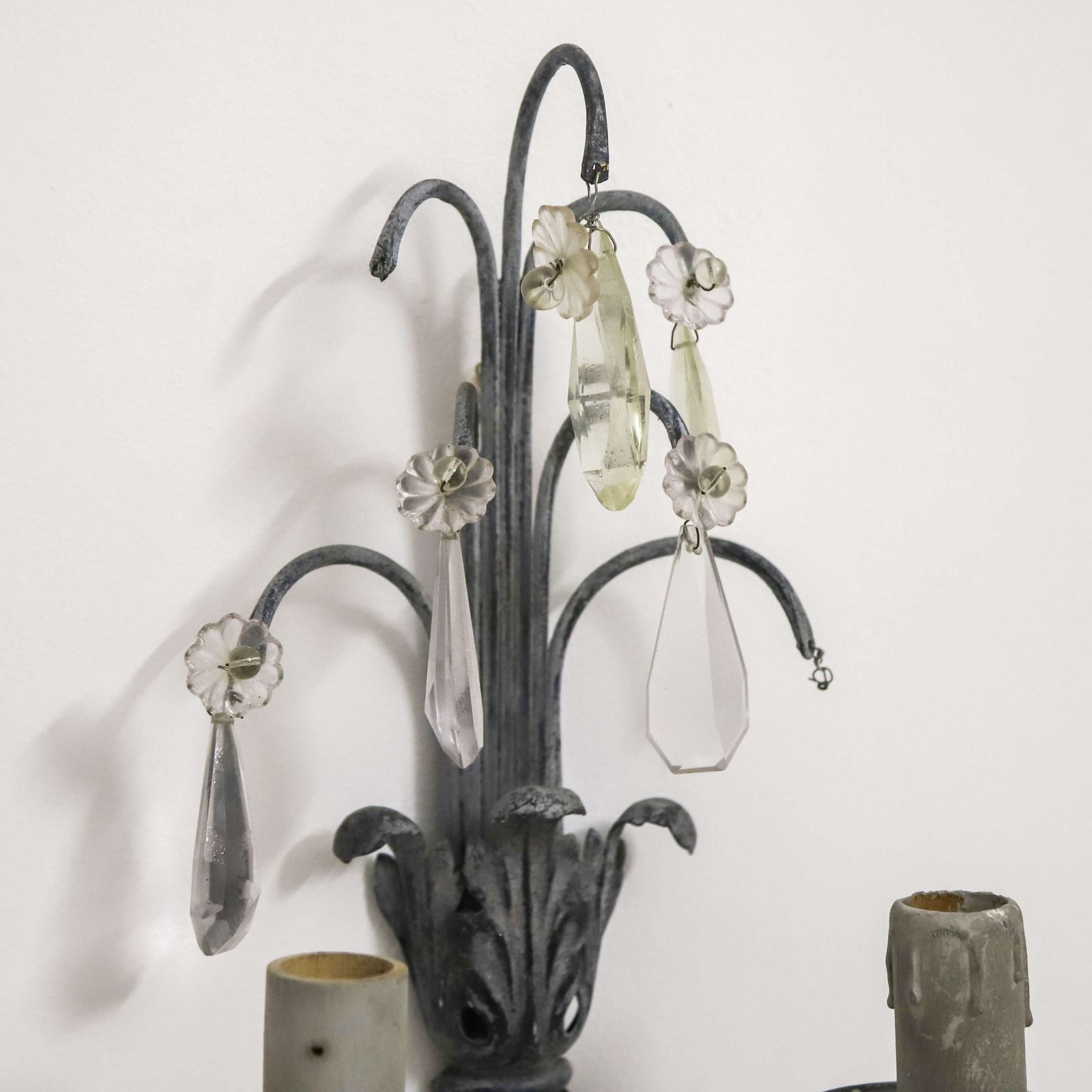 350.0 Pair Of Rewired French Wall Lights Circa 1930   Elegant Scrolled Arms & Crystal Drops photo