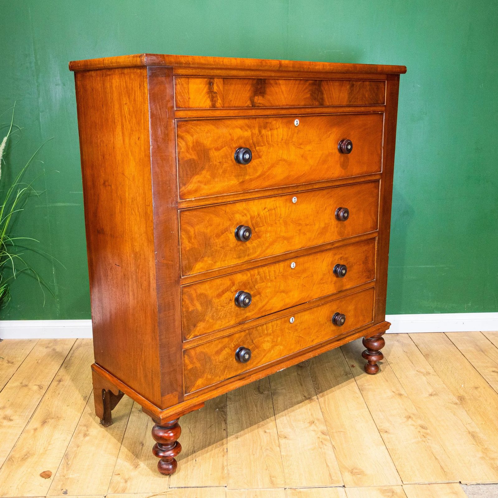 photo for sale Large Flamed Mahogany Scotch Chest Of 5 Drawers
