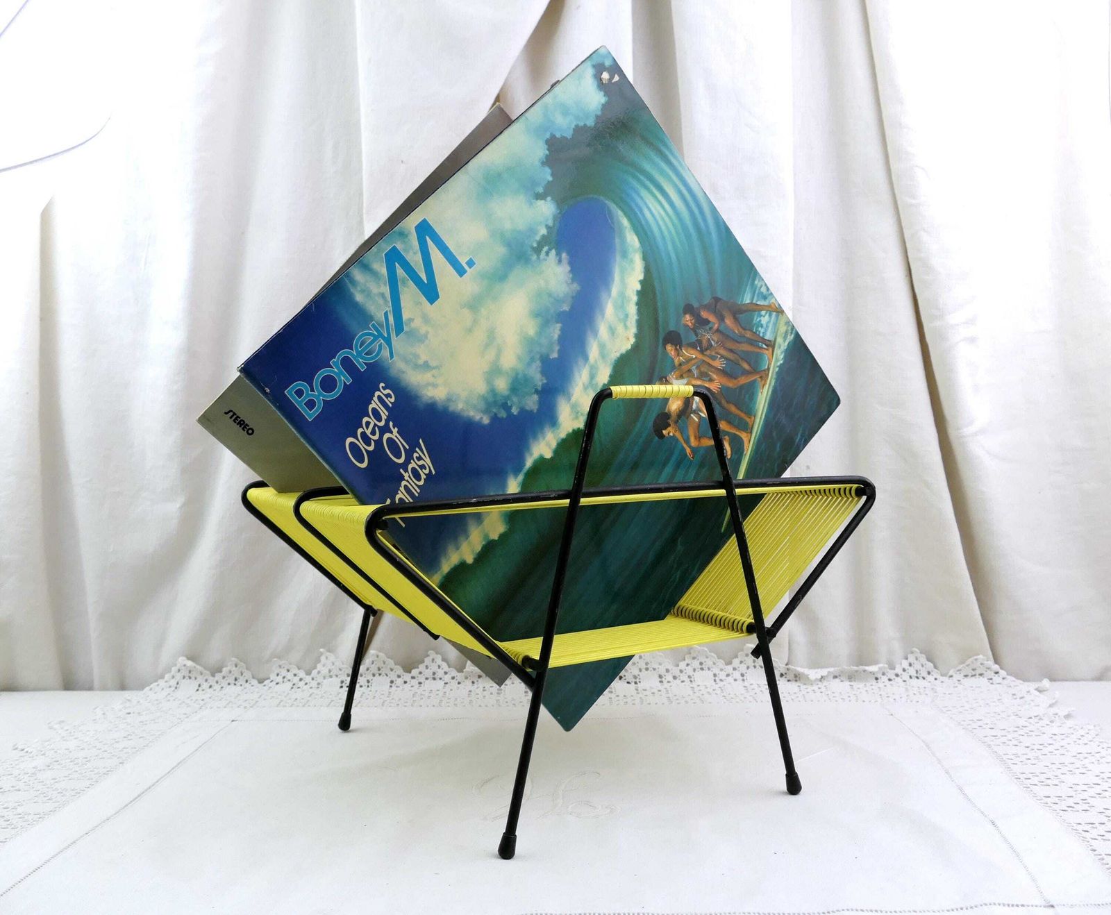 Vintage French Mid Century Modern Portable Record Holder With Bright Yellow Vinyl Cord, Retro Mcm Hifi Accessory For Storage, Music Center photo furniture