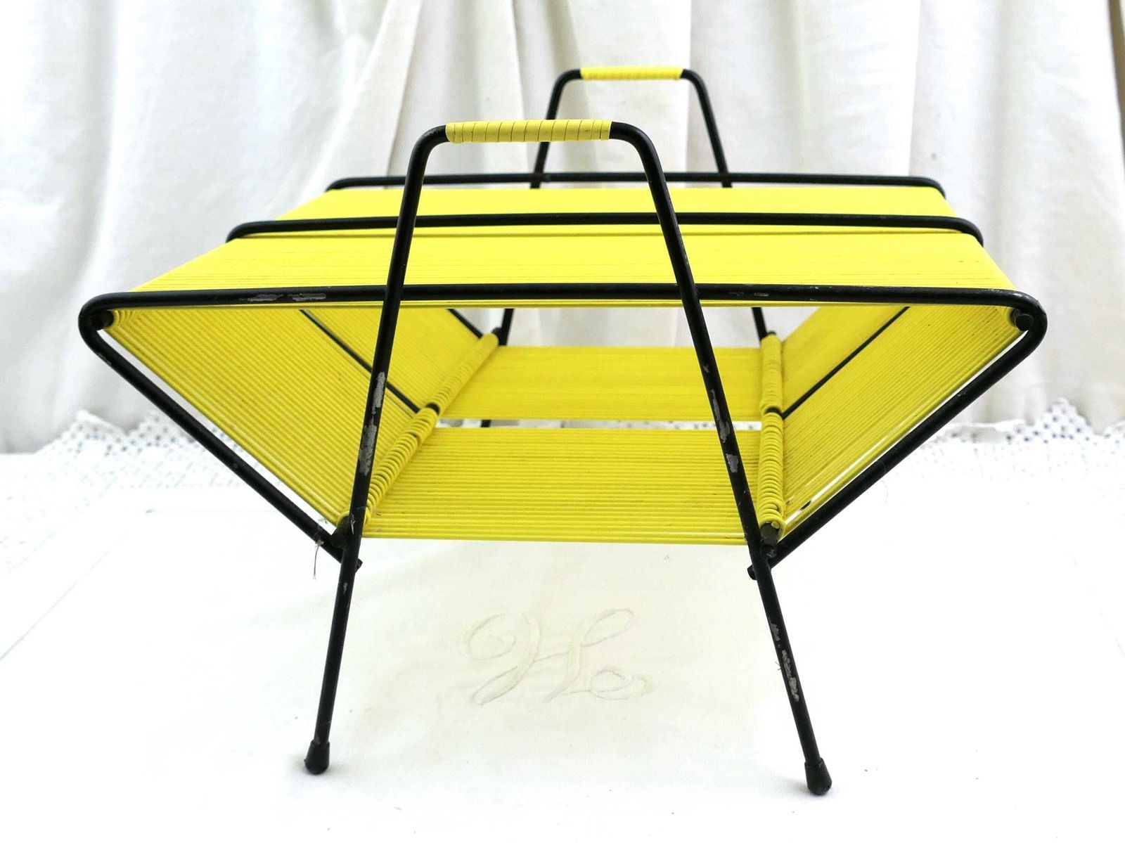 photo for sale Vintage French Mid Century Modern Portable Record Holder With Bright Yellow Vinyl Cord, Retro Mcm Hifi Accessory For Storage, Music Center