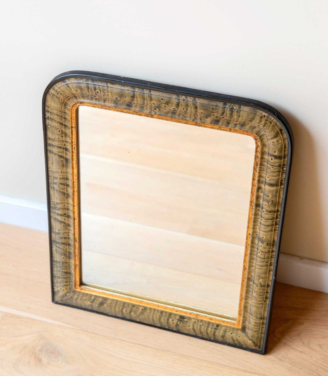Antique Louis Philippe Mirror 19th Century French Farmhouse Mirror Marbled Arch Frame Rustic Half Round Wall Mirror photo for sale