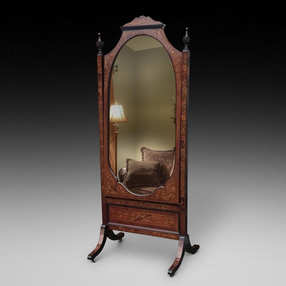 19thc Rosewood And Marquetry Inlaid Cheval Mirror