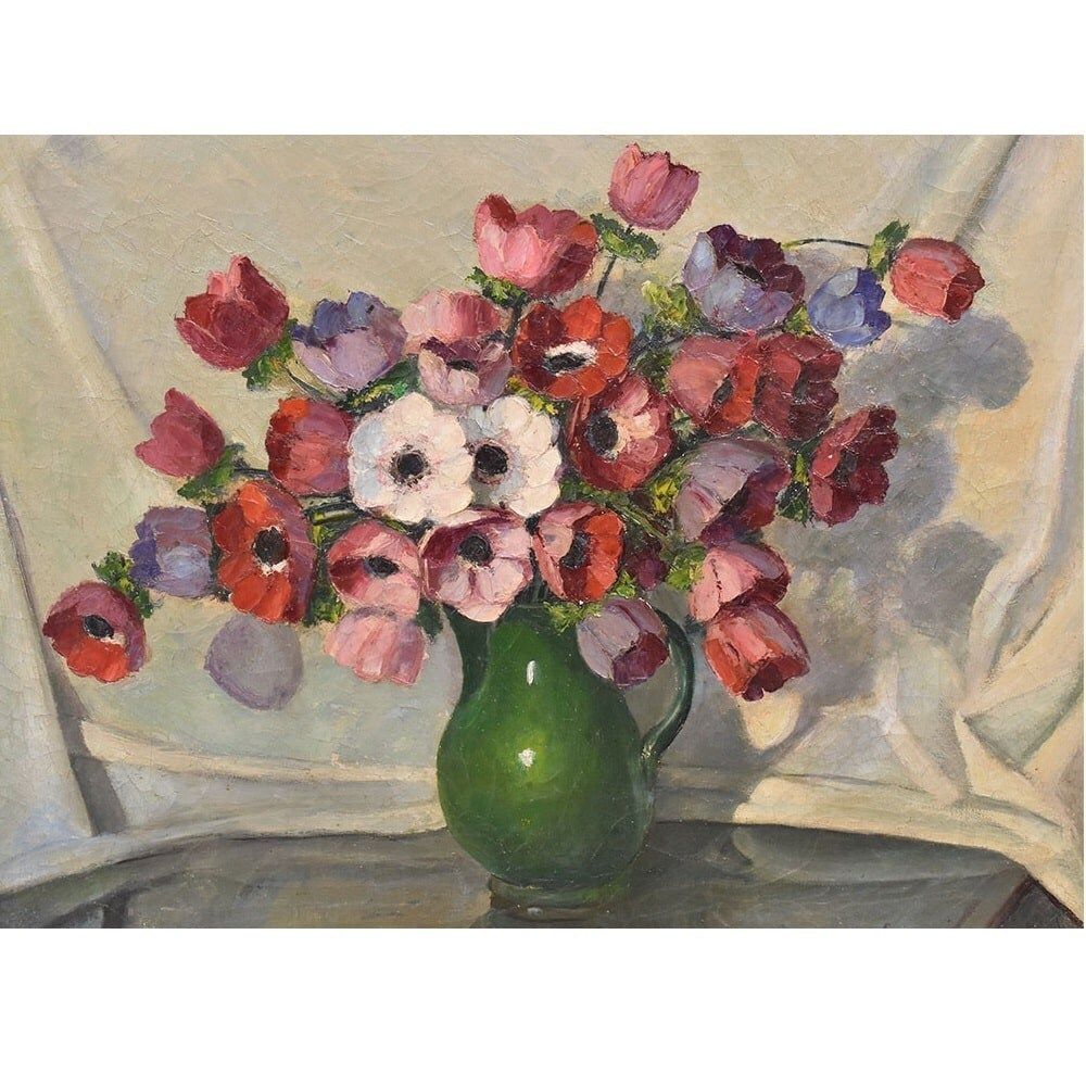Antique Flower Painting, Bouquet Of Anemones And Poppies, Oil On Canvas, 20th Century, Art Déco. (Qf702) photo for sale