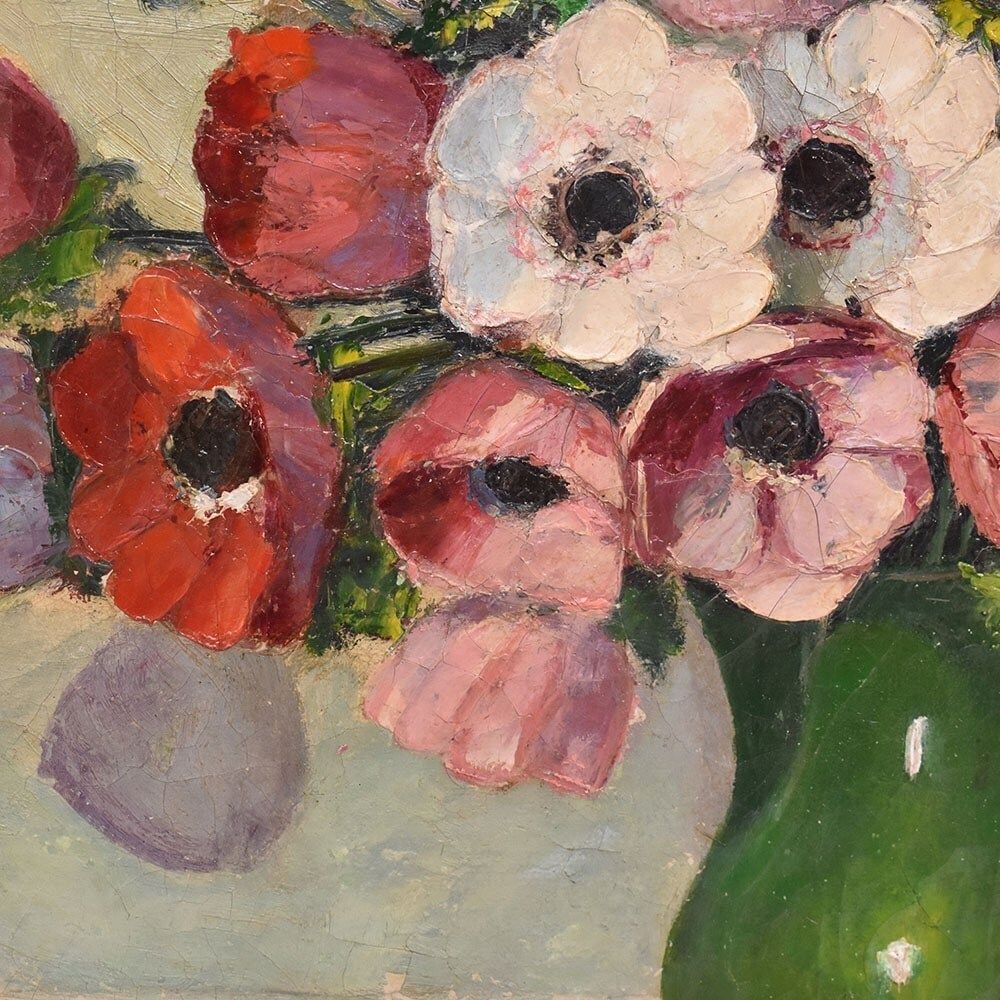 Antique Flower Painting, Bouquet Of Anemones And Poppies, Oil On Canvas, 20th Century, Art Déco. (Qf702) photo vinterior