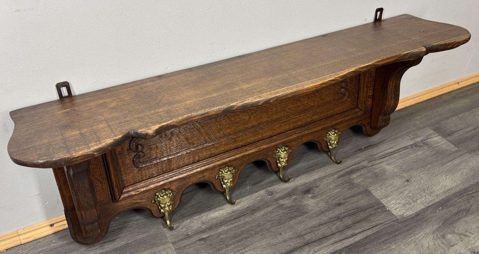 French Vintage Coat Rack Oak 4 Hooks Wall Shelf Carved Coat Hanger Lot 4433 photo for sale