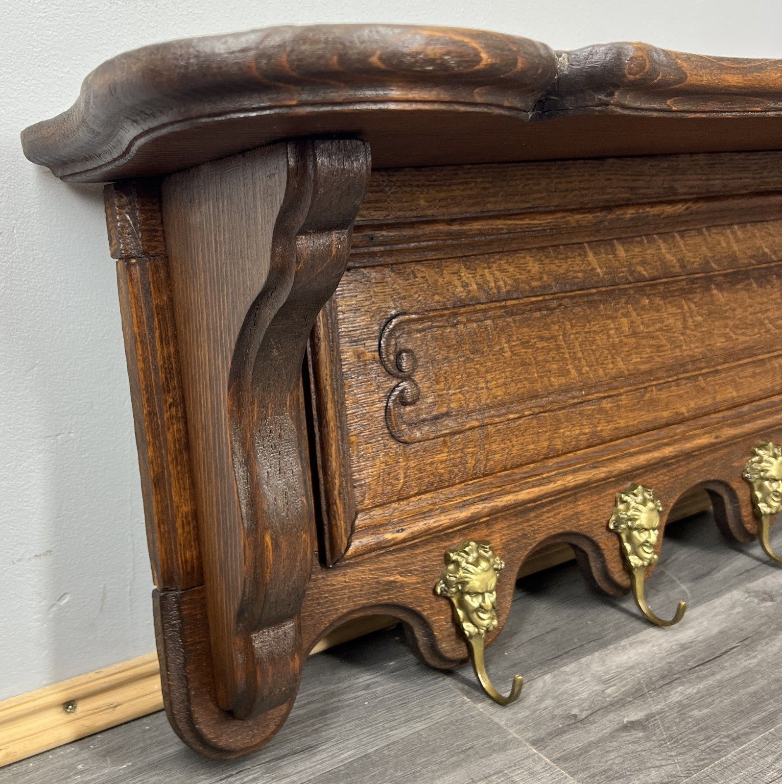 French Vintage Coat Rack Oak 4 Hooks Wall Shelf Carved Coat Hanger Lot 4433 photo Furniture