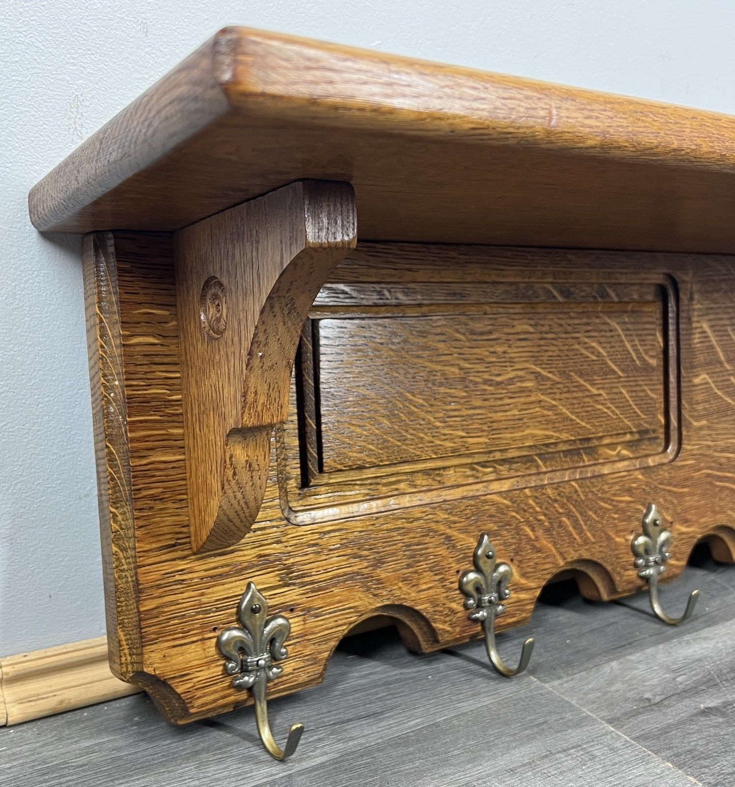 French Vintage Coat Rack Oak 6 Hooks Wall Shelf Carved Coat Hanger Lot 4434 photo Furniture