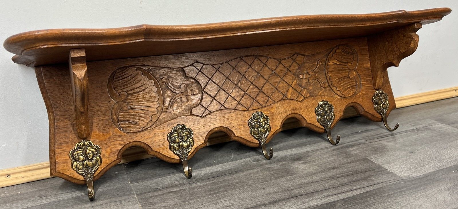 French Vintage Coat Rack Oak 5 Hooks Wall Shelf Carved Coat Hanger Lot 4436