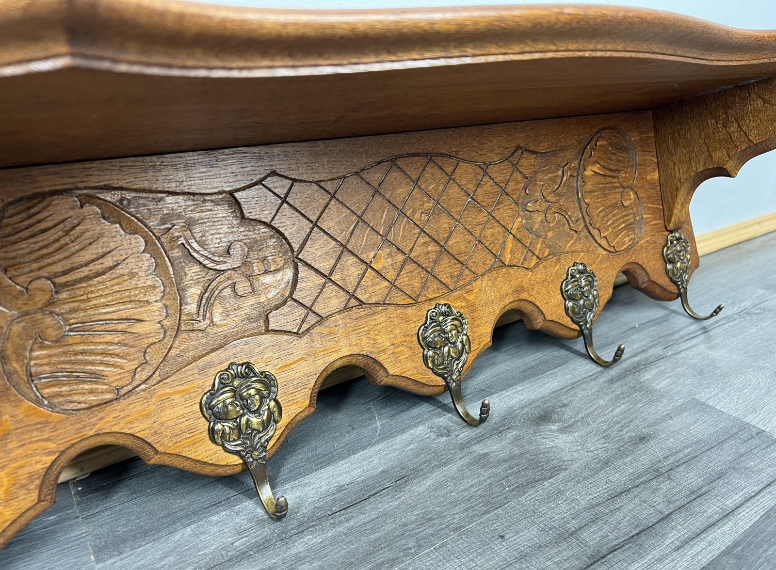 French Vintage Coat Rack Oak 5 Hooks Wall Shelf Carved Coat Hanger Lot 4436 photo vinterior