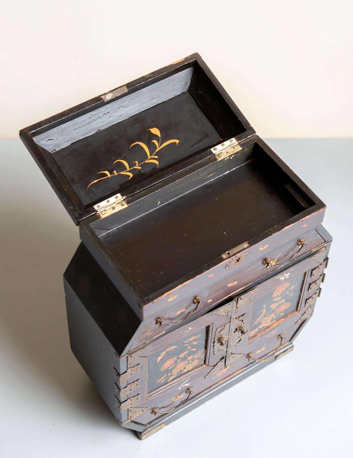 Furniture Antique Japanese Cabinet – Meiji Period Lacquered Storage Box – Hand Painted Oriental Chest Of Drawers – Asian Jewelry Box photo