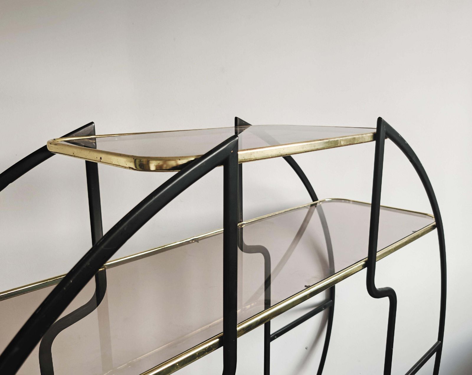 Large Hollywood Regency Round Room Divider Shelf In Black Metal And Brass photo Furniture