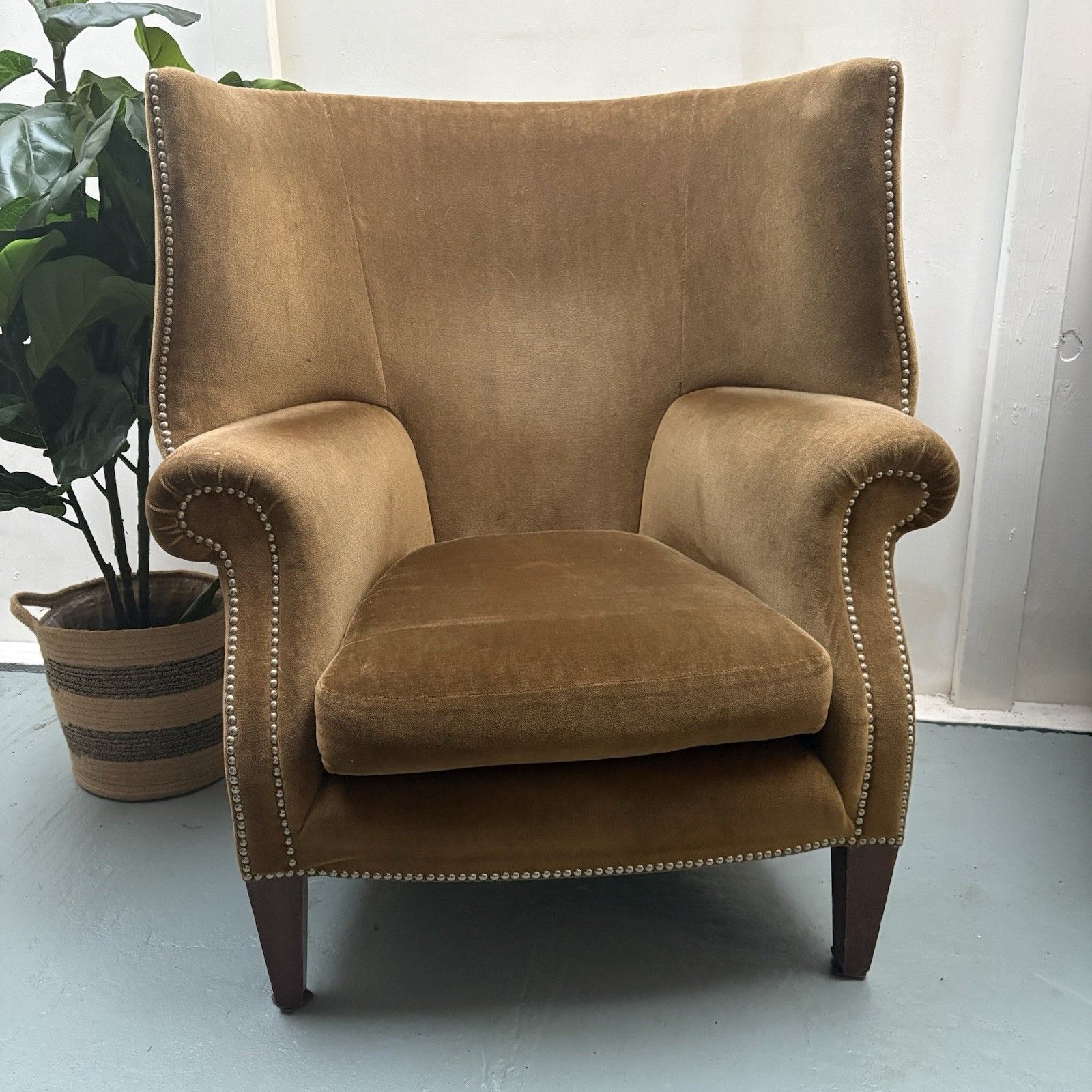 Fabulous Antique High Winged Barrel Backed Porters Style Aged Gold Arm Chair