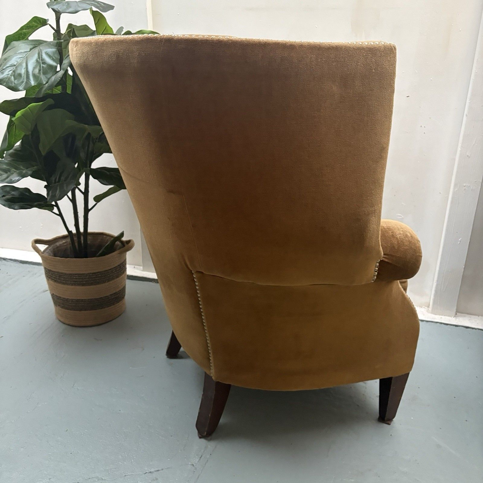 Fabulous Antique High Winged Barrel Backed Porters Style Aged Gold Arm Chair photo for sale