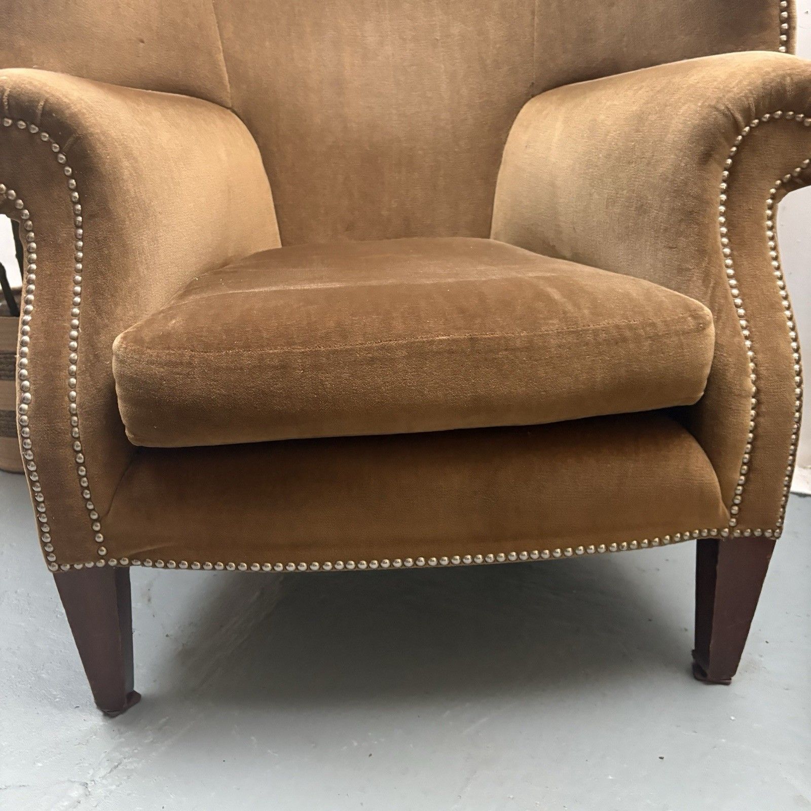Fabulous Antique High Winged Barrel Backed Porters Style Aged Gold Arm Chair photo vintage