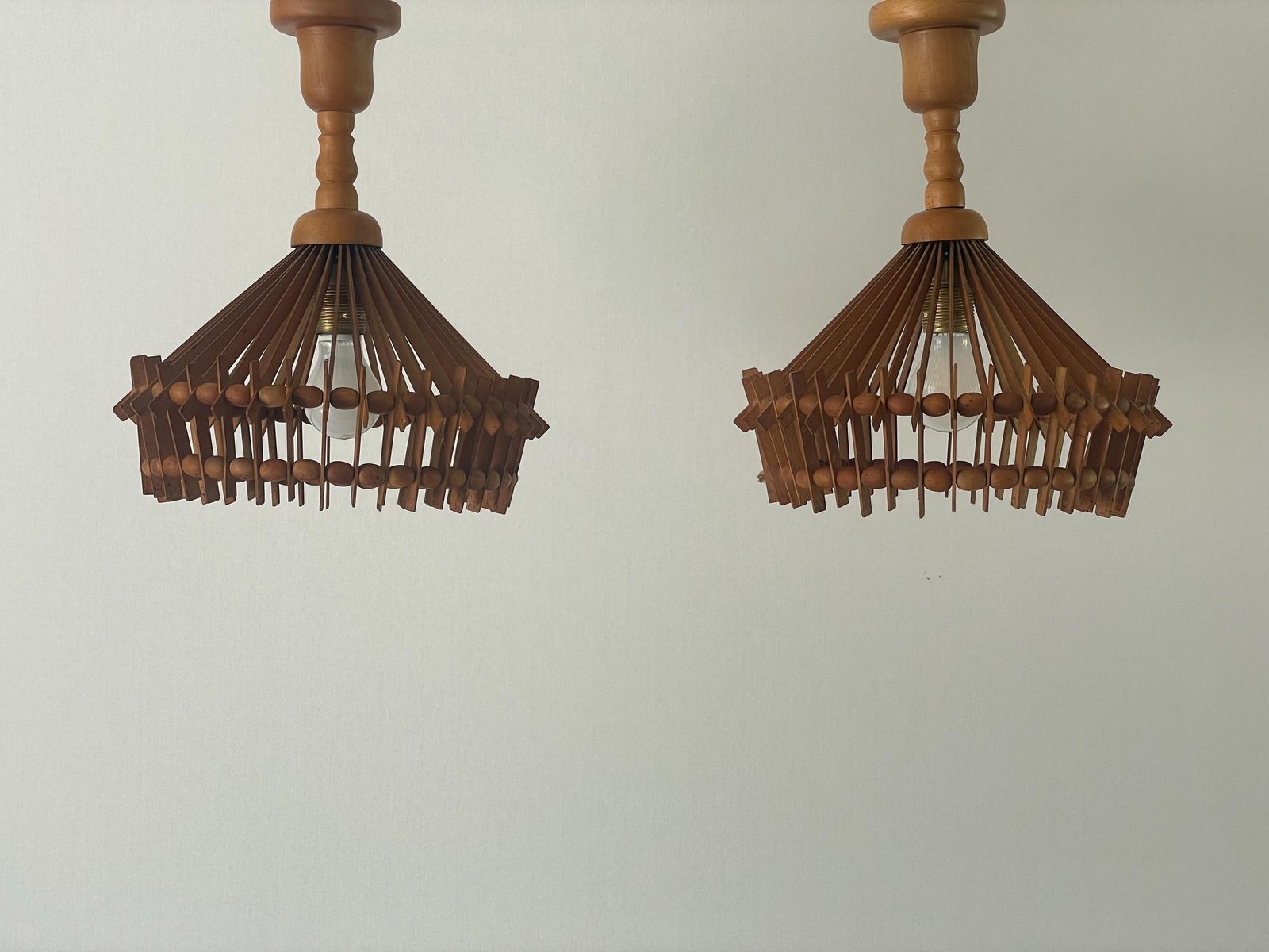 Italian Hand Crafted Pair Of Wood Pendant Lights, 1960s, Italy