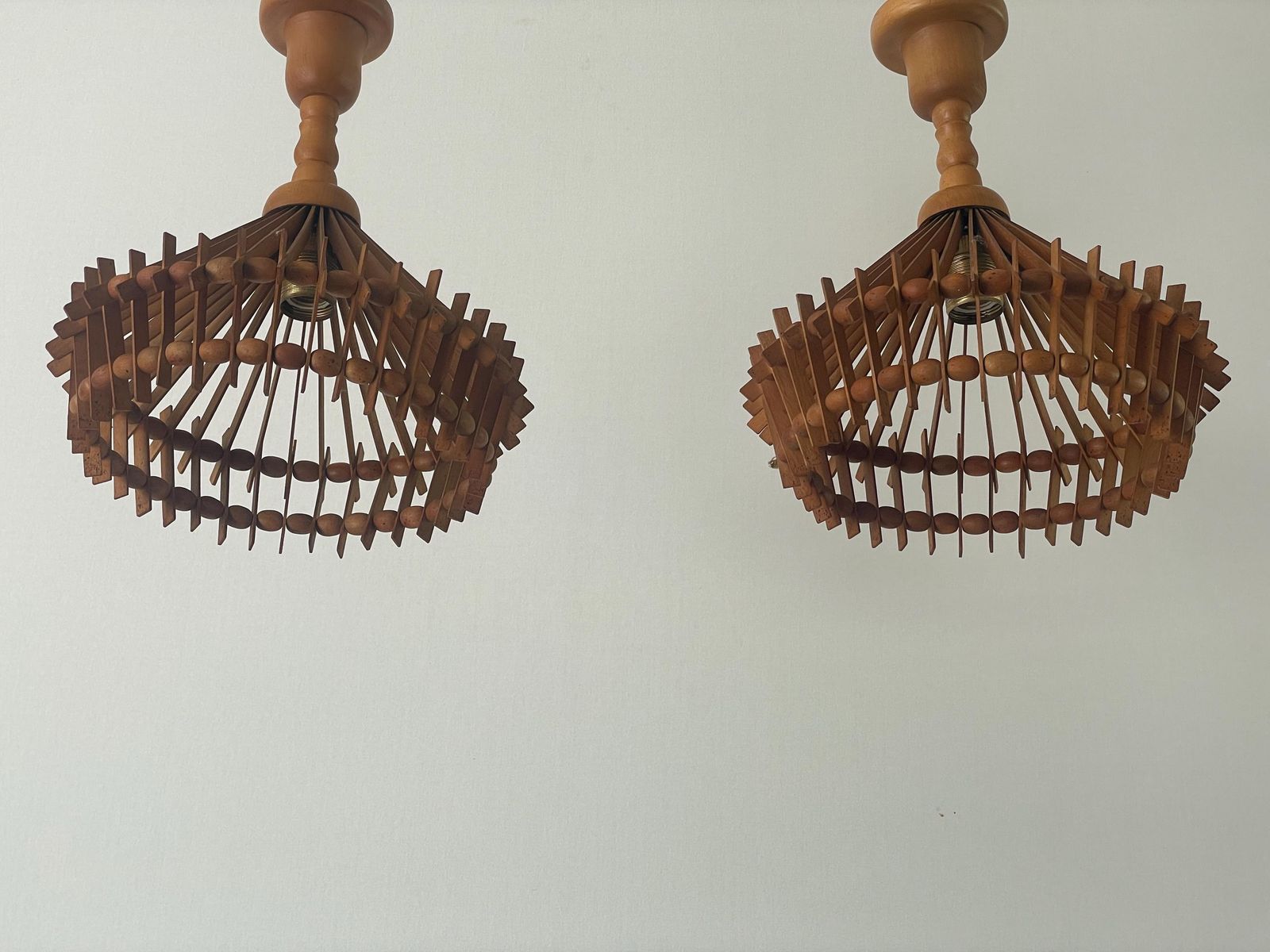 Italian Hand Crafted Pair Of Wood Pendant Lights, 1960s, Italy photo for sale