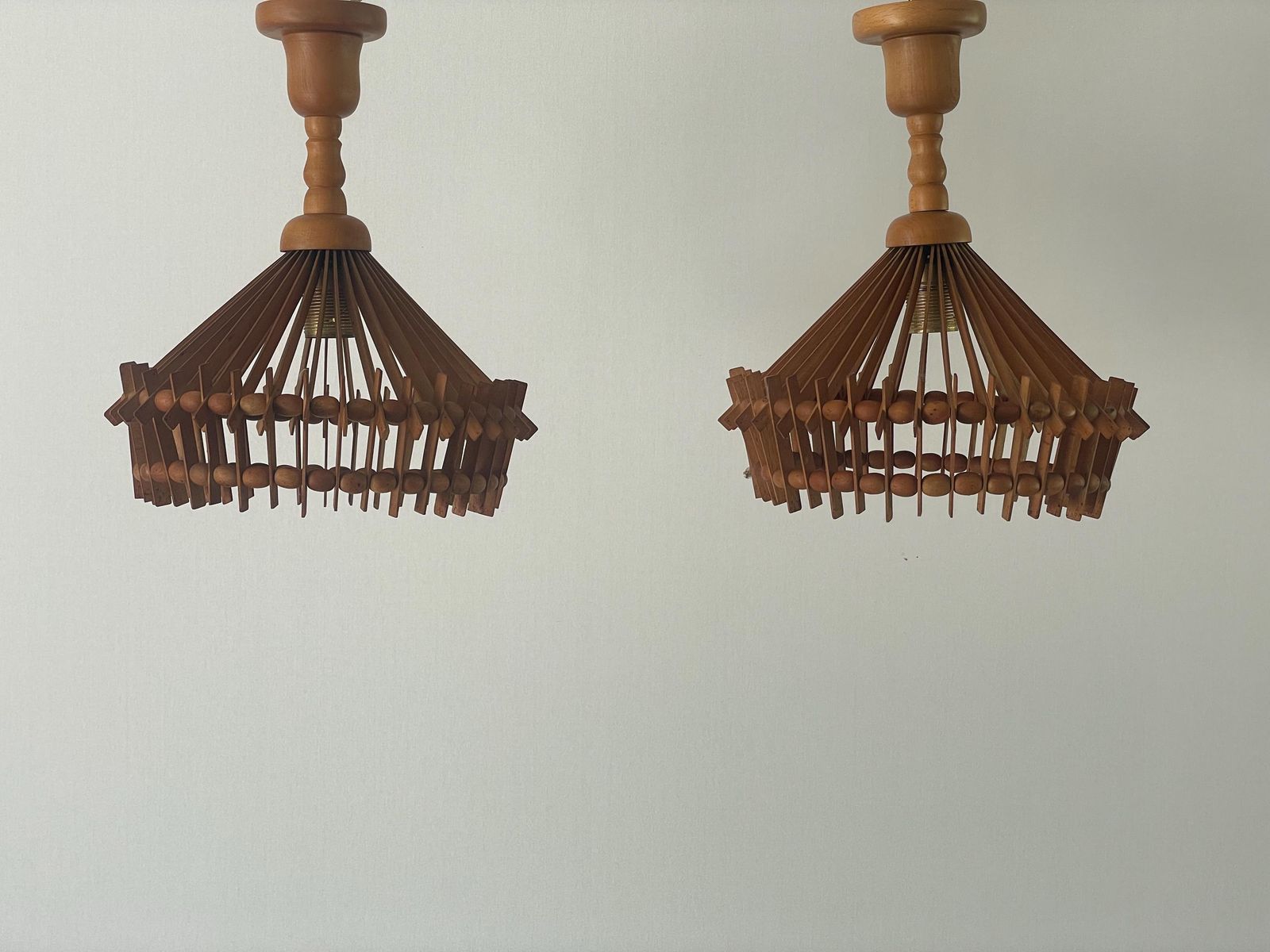 Italian Hand Crafted Pair Of Wood Pendant Lights, 1960s, Italy photo 1712.0