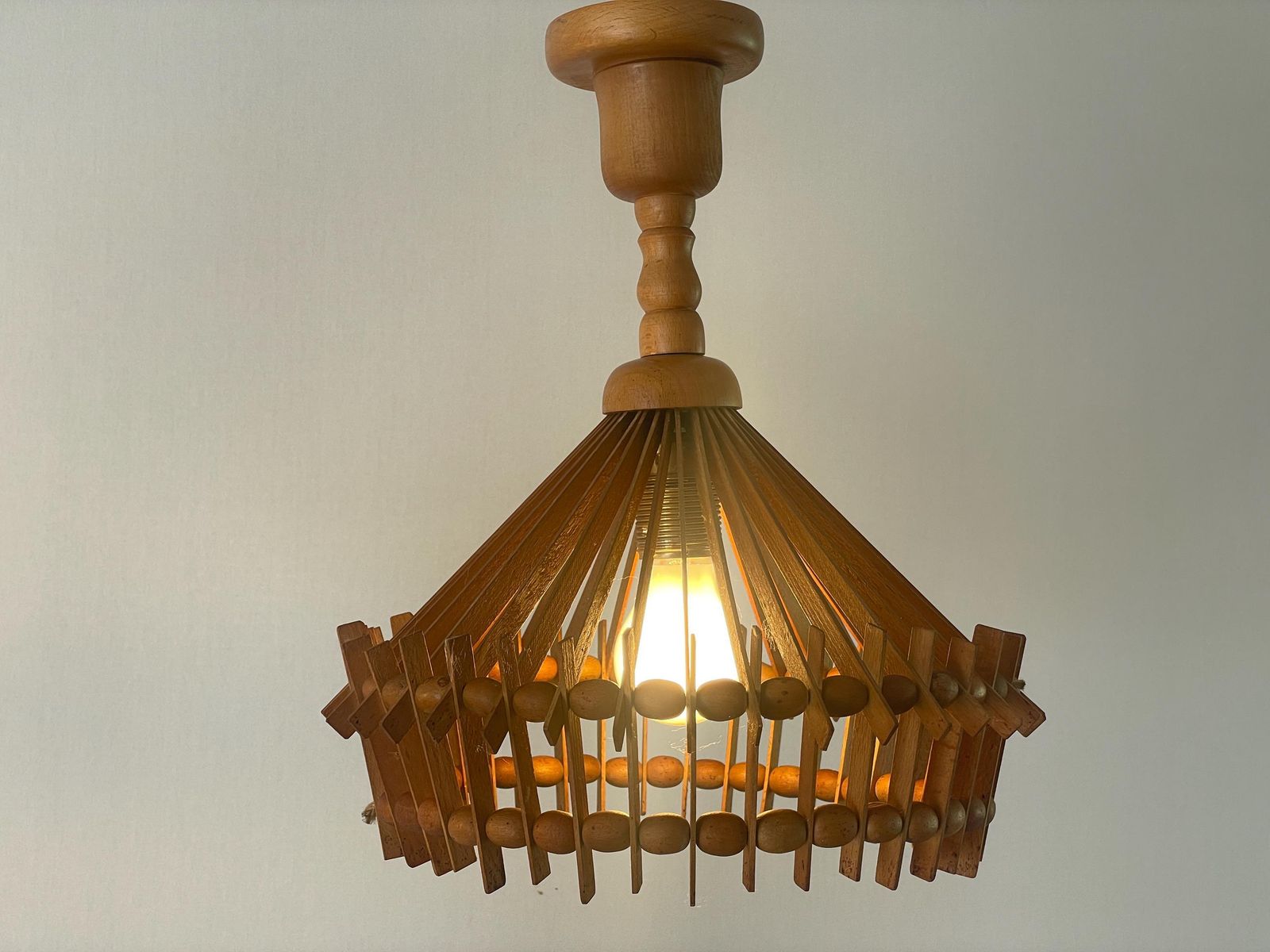 Italian Hand Crafted Pair Of Wood Pendant Lights, 1960s, Italy photo buy
