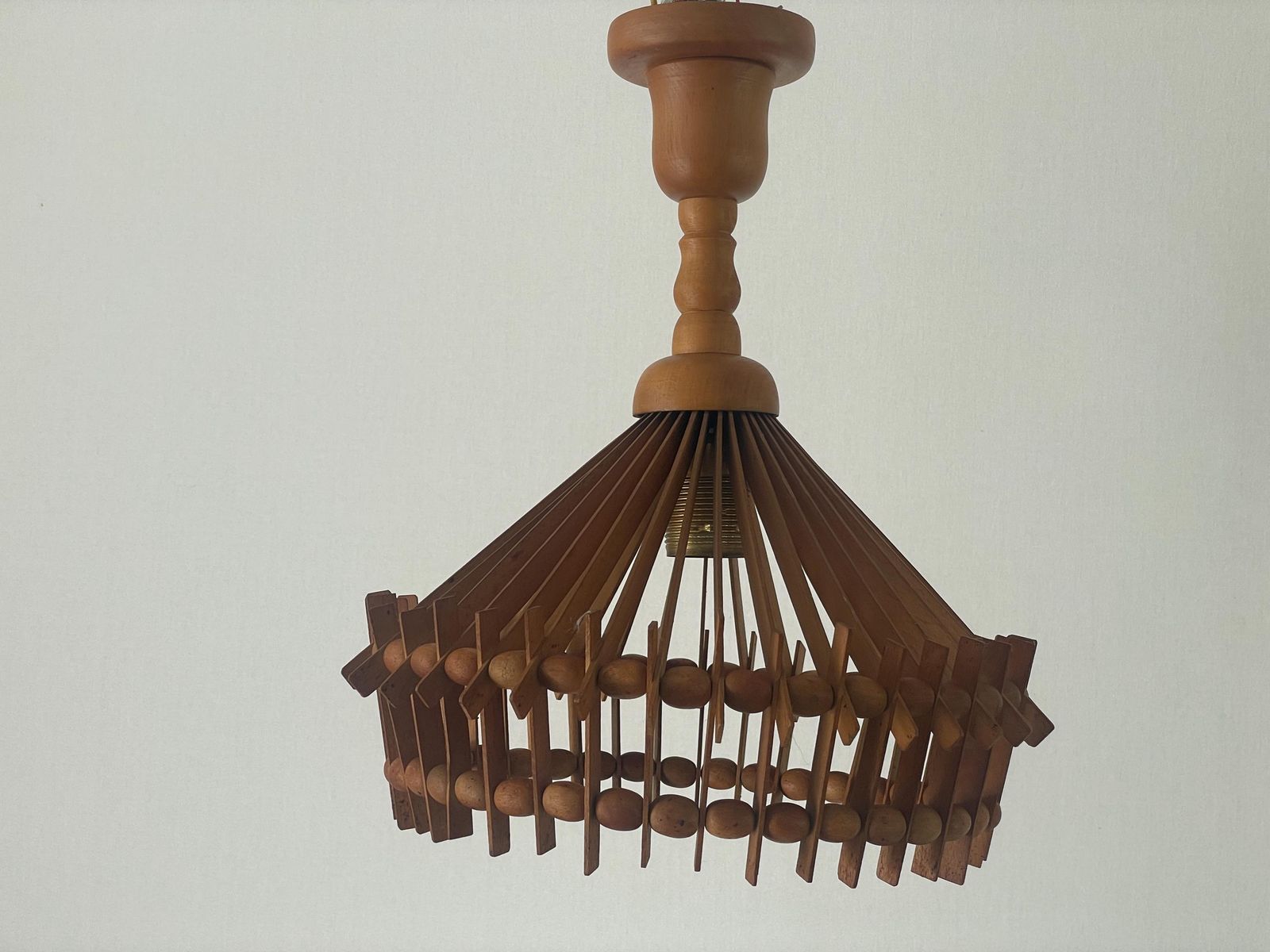 Italian Hand Crafted Pair Of Wood Pendant Lights, 1960s, Italy photo vintage