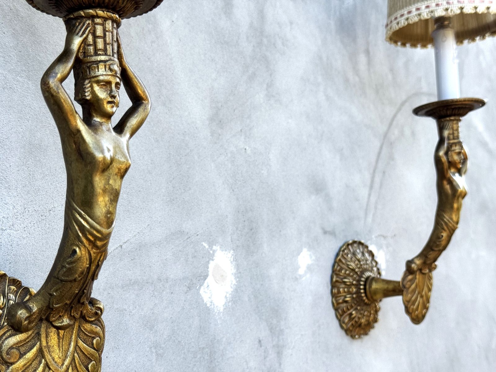 Pair Of 1950s Italian Gilt Bronze Wall Sconces With Female Figures photo for sale