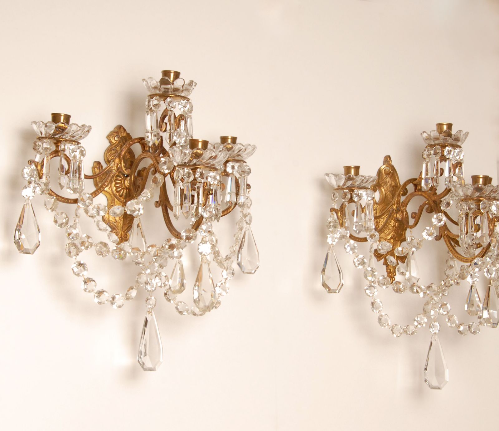 Antique French Crystal Sconces 4 Light Gilt Bronze Candelabra Wall Lamps photo furniture
