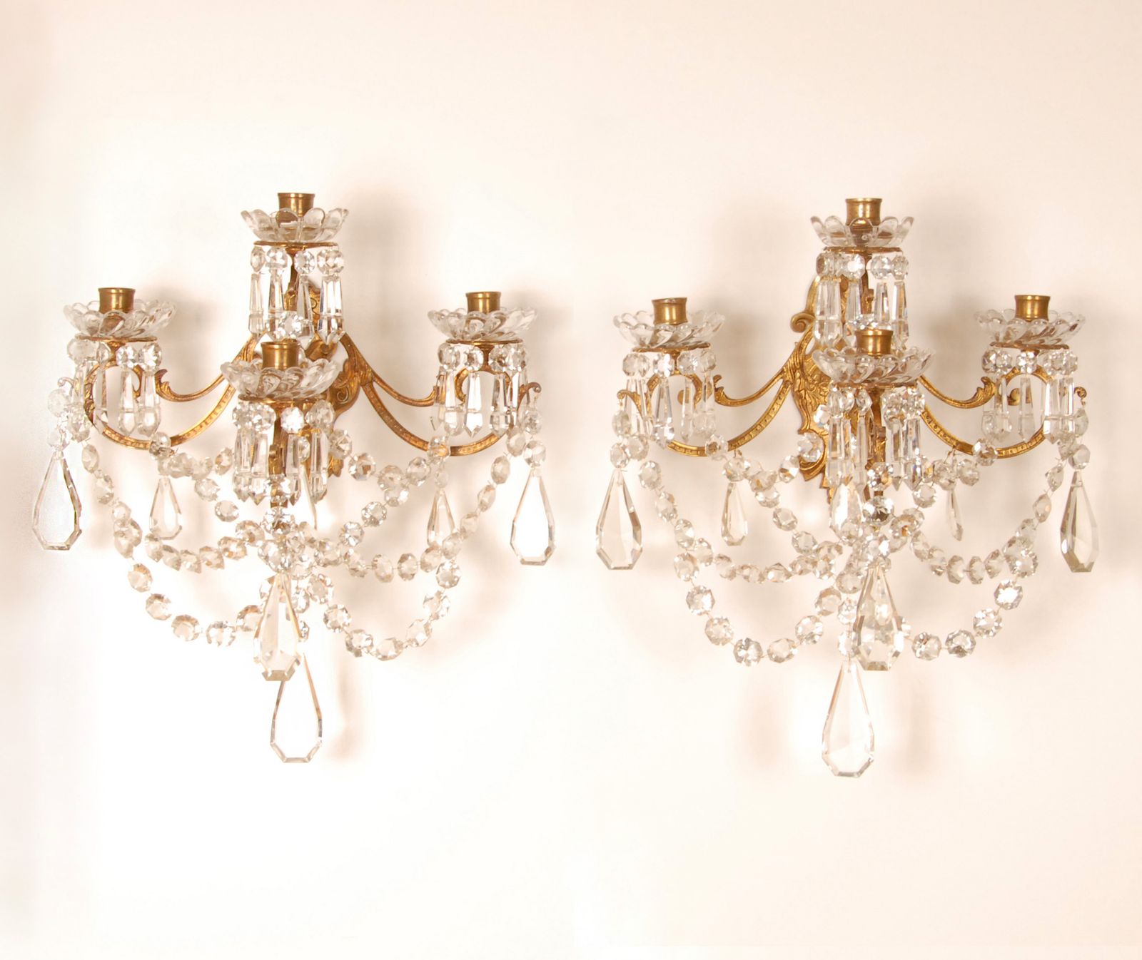Antique French Crystal Sconces 4 Light Gilt Bronze Candelabra Wall Lamps