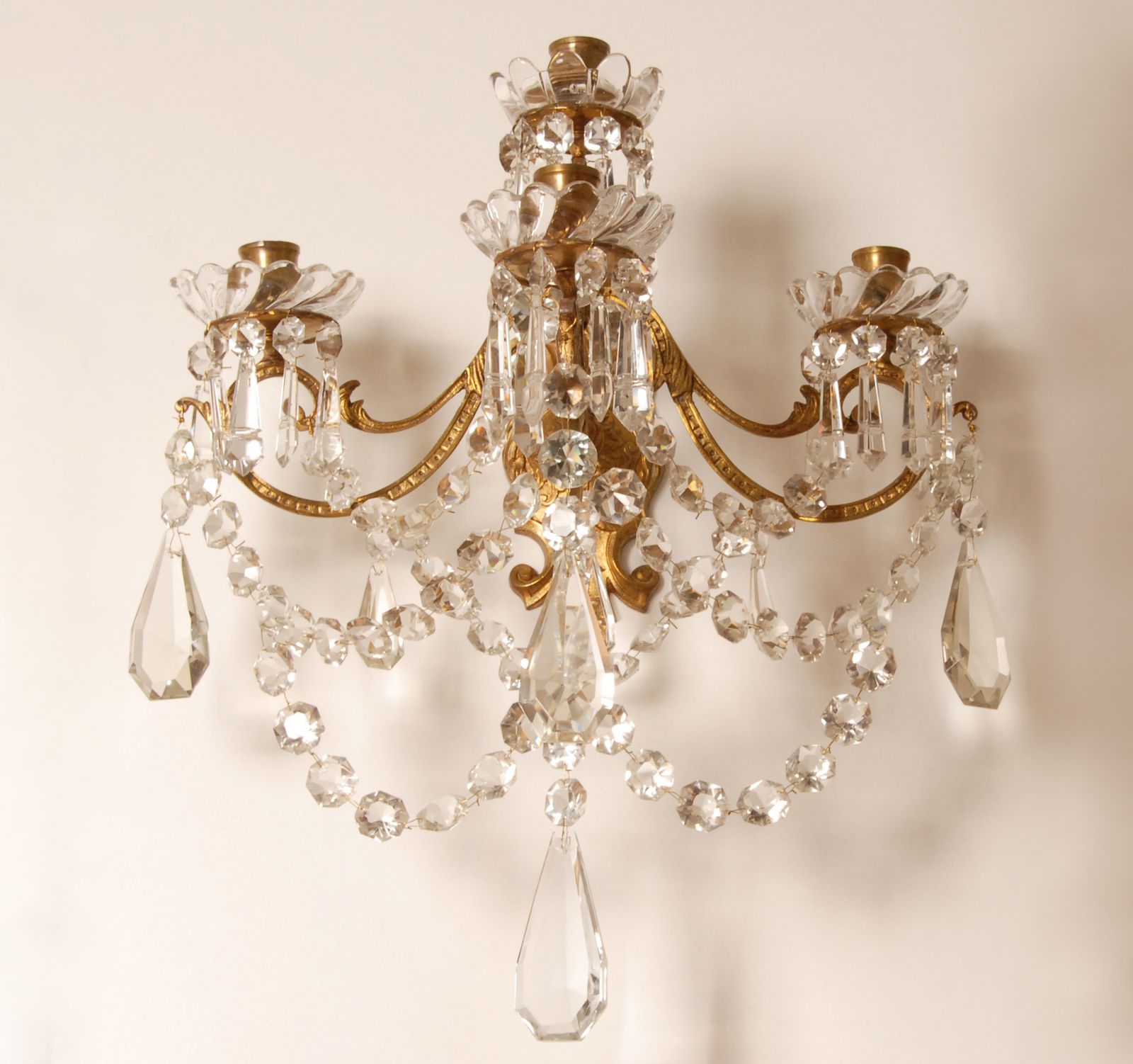 Antique French Crystal Sconces 4 Light Gilt Bronze Candelabra Wall Lamps photo buy
