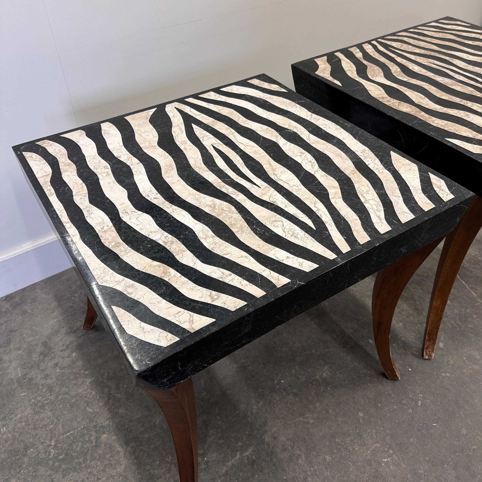 Striking Pair Of Italian Zebra Inlaid Tessellated Stone Tables With Refined Curved Legs, 1980s photo furniture