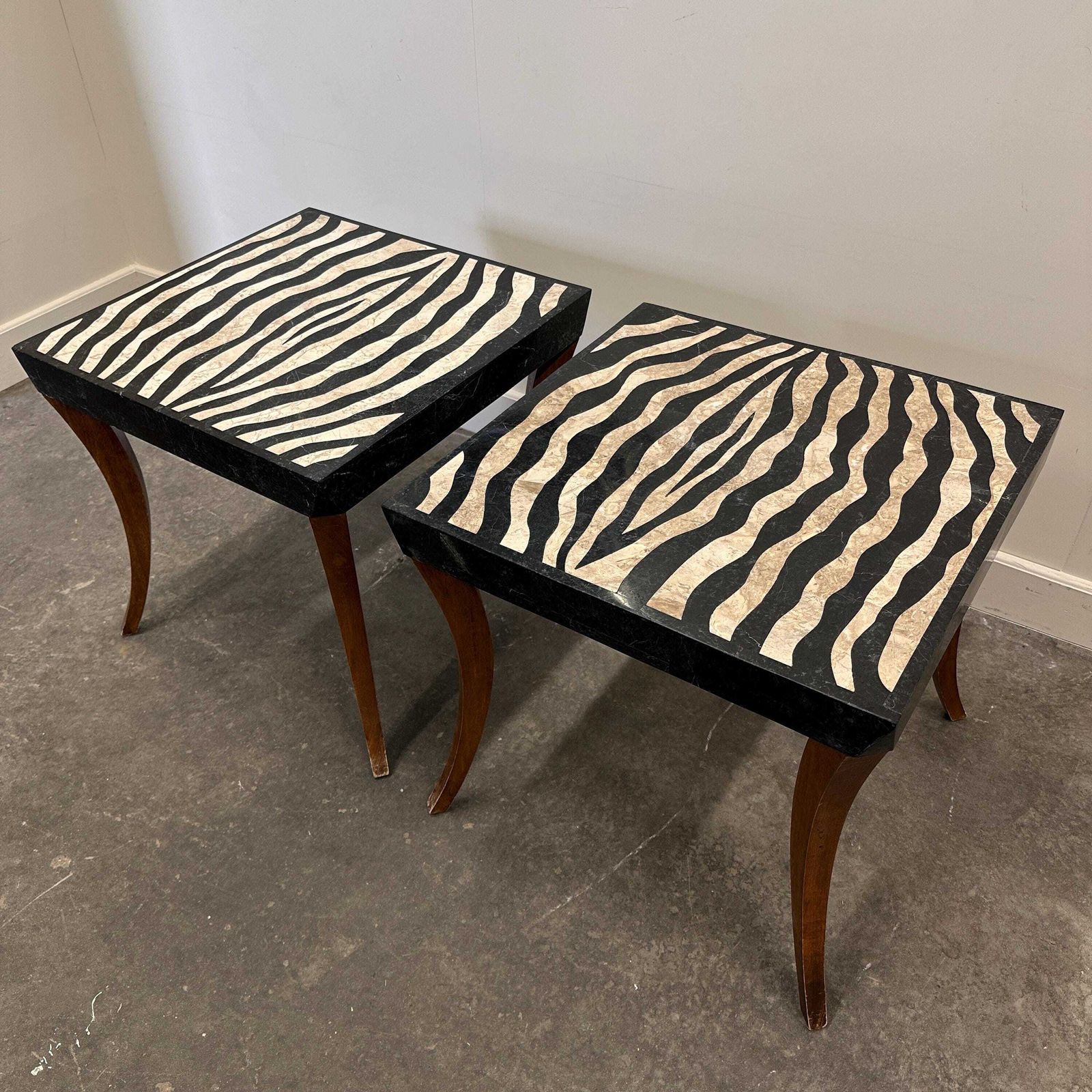 Striking Pair Of Italian Zebra Inlaid Tessellated Stone Tables With Refined Curved Legs, 1980s photo Furniture