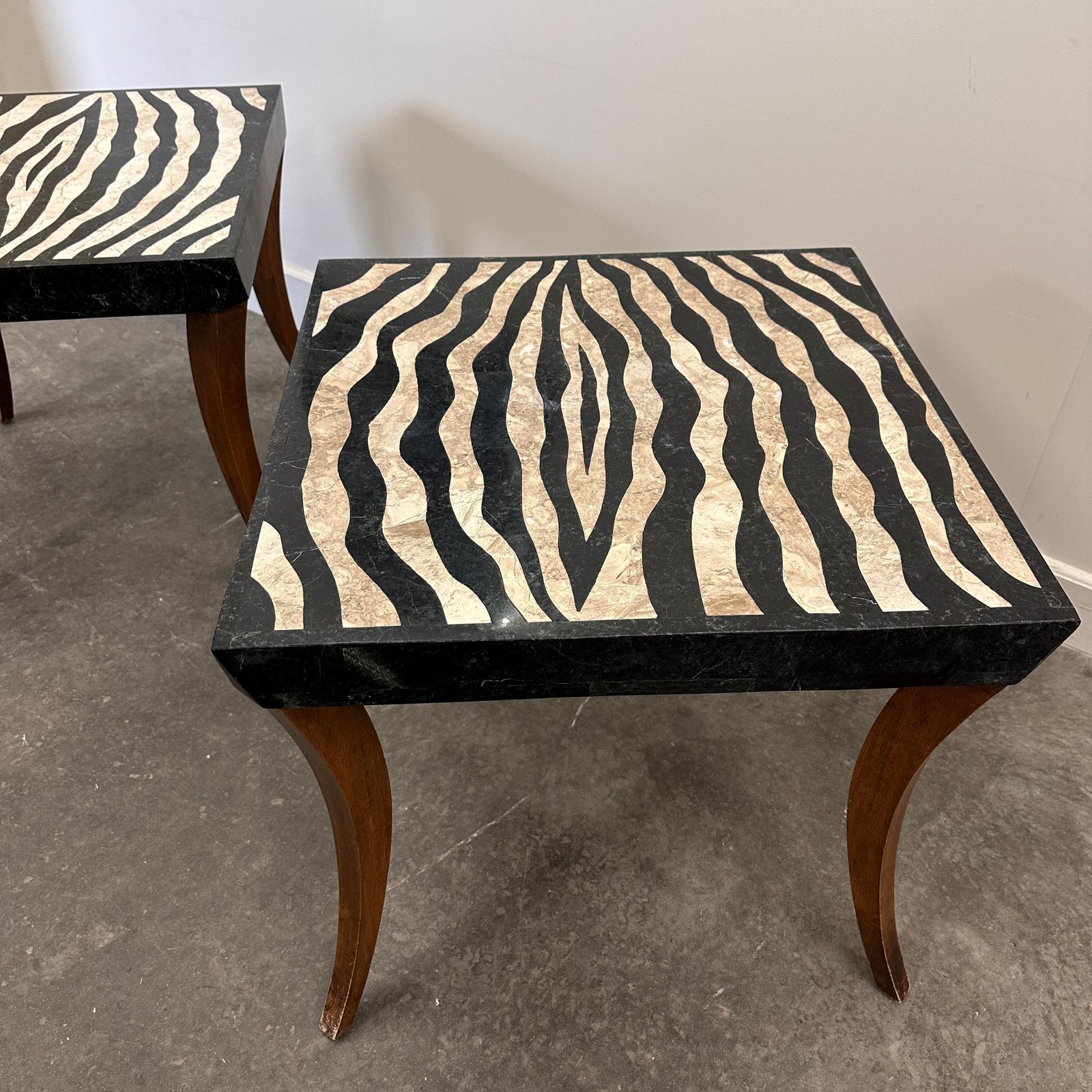 Striking Pair Of Italian Zebra Inlaid Tessellated Stone Tables With Refined Curved Legs, 1980s photo buy