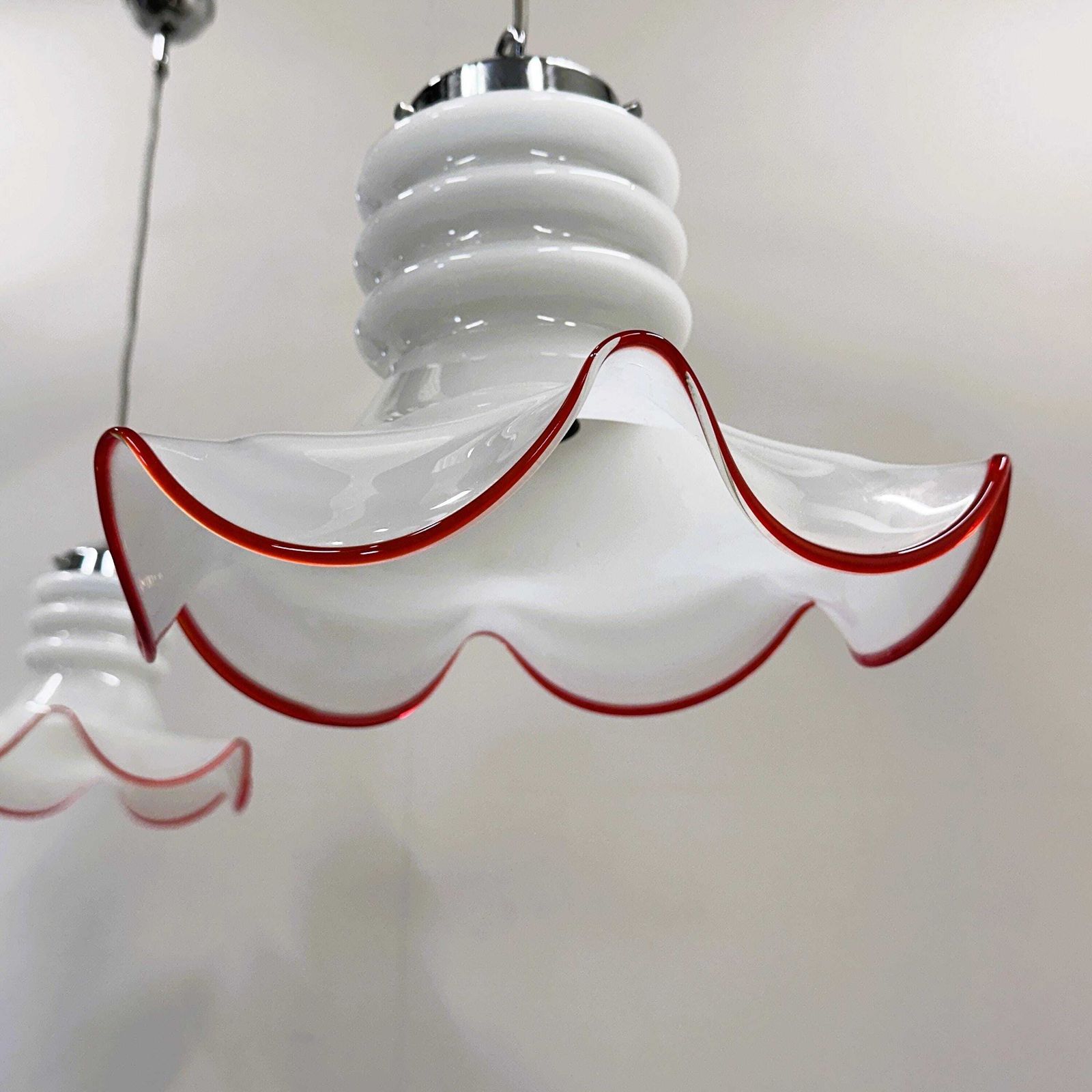 Pair Of Italian Murano Glass Pendant Lamps With Red Trim, 1970s Italy. photo for sale