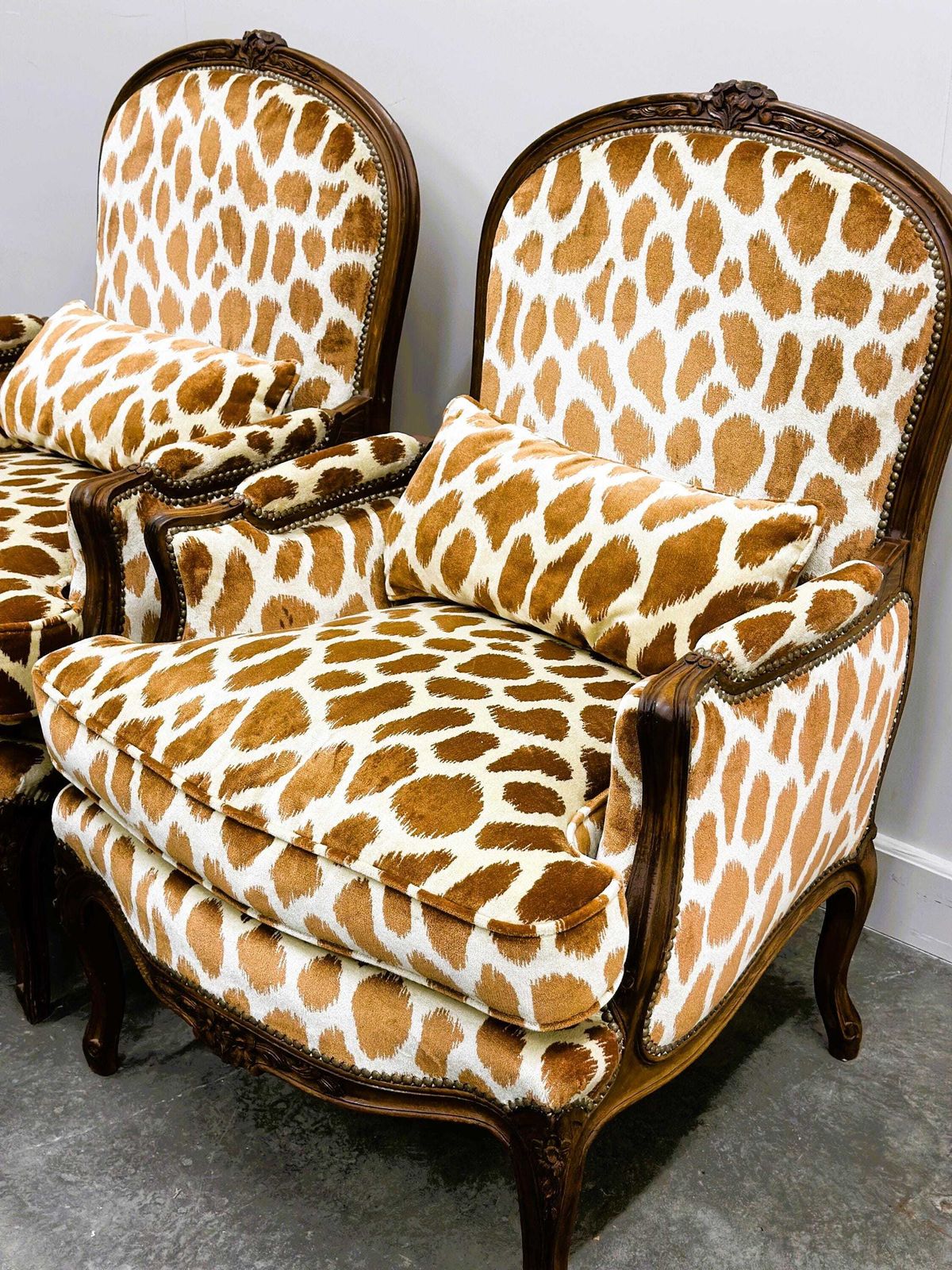 Pair Of Louis XV Style Armchairs In Giraffe Velvet Upholstery, France, 1950s photo furniture