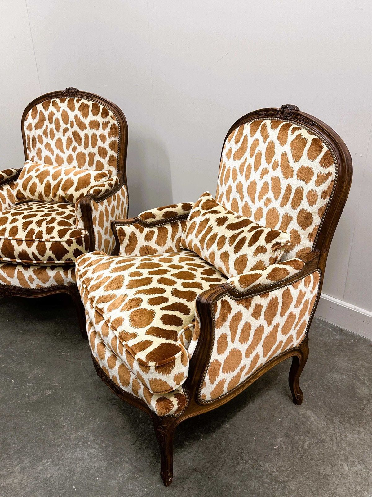 Pair Of Louis XV Style Armchairs In Giraffe Velvet Upholstery, France, 1950s photo vintage