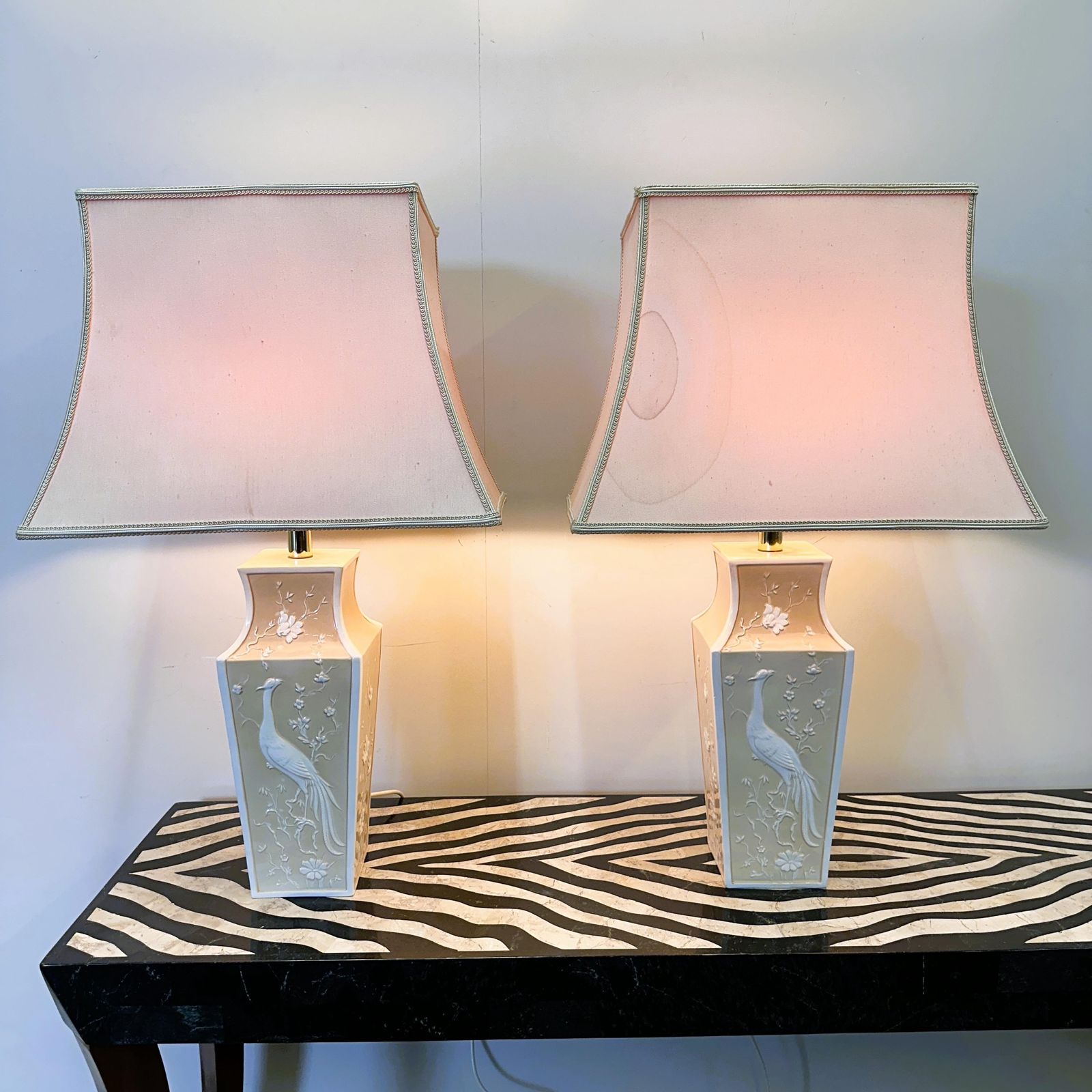 Pair Of Large Cream Ceramic Table Lamps With Relief Peacocks And Fabric Shades, 1980s