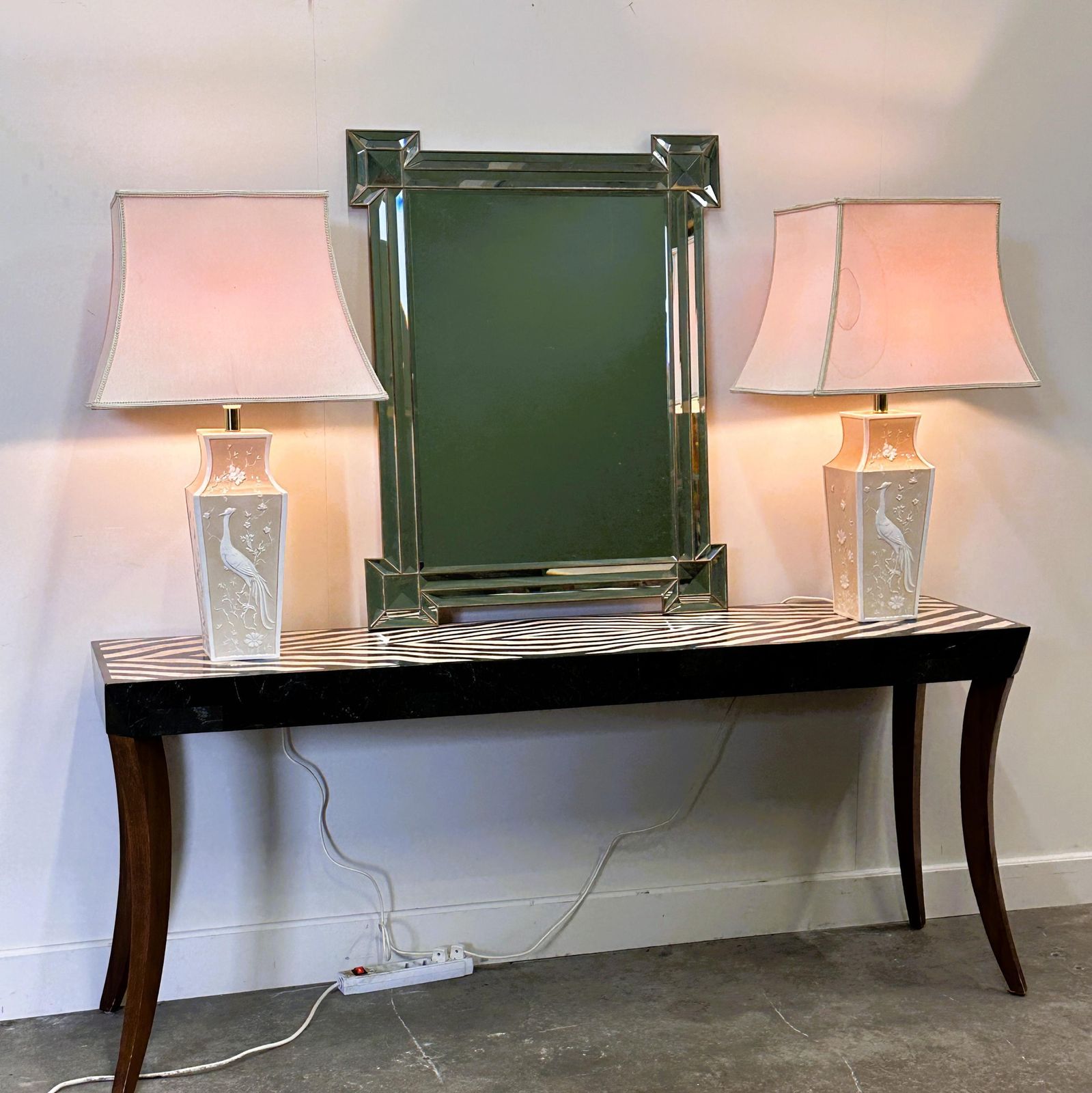 Pair Of Large Cream Ceramic Table Lamps With Relief Peacocks And Fabric Shades, 1980s photo buy