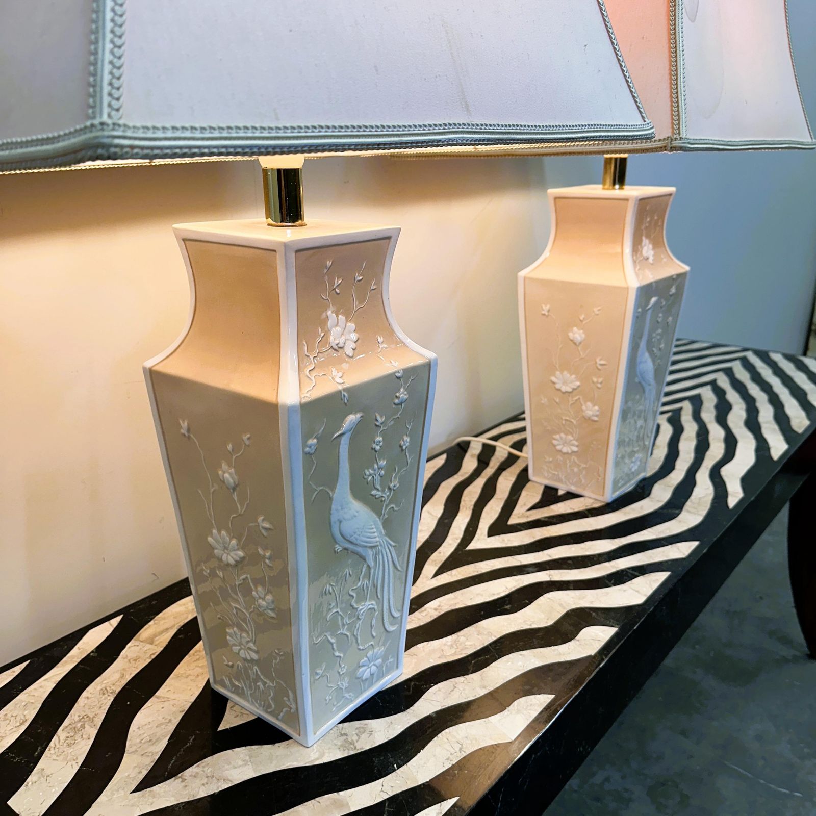 782.0 Pair Of Large Cream Ceramic Table Lamps With Relief Peacocks And Fabric Shades, 1980s photo