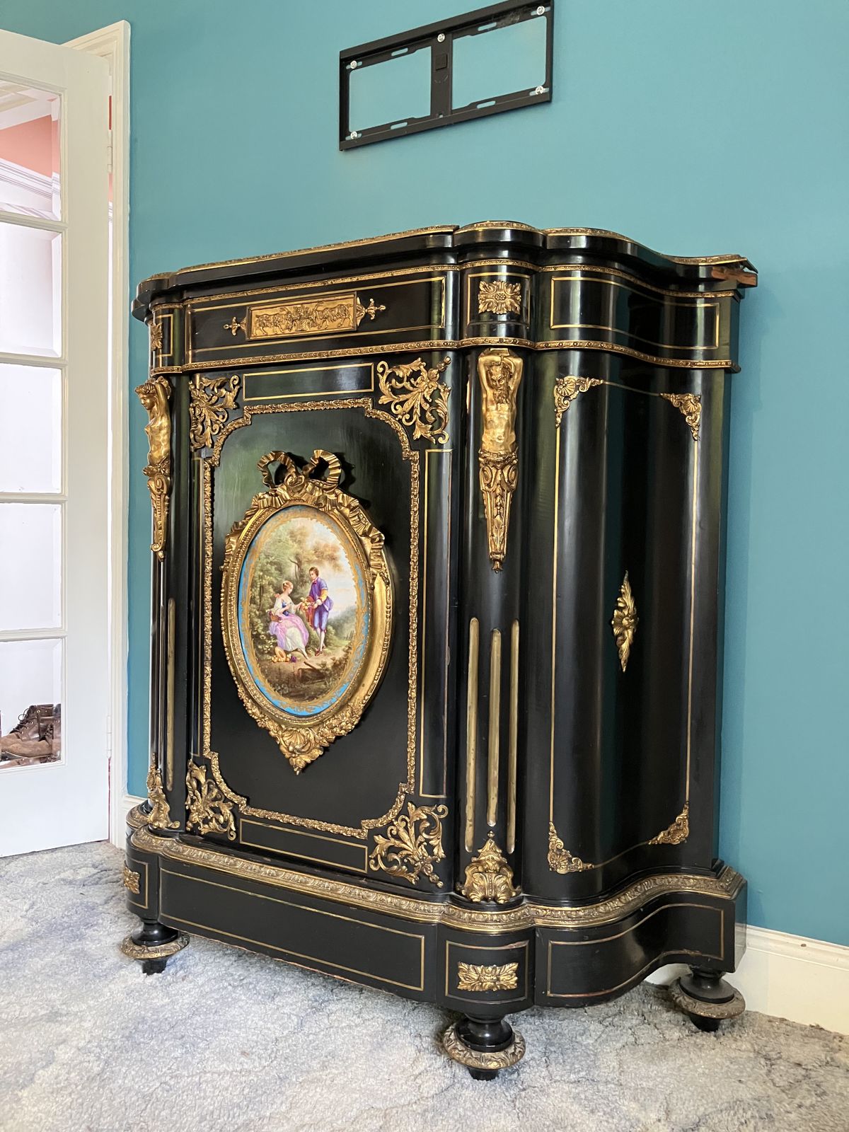 19c Ebonised Mahogany & Gilt Metal Ormolu Boulle Credenza With Sevres Style Plaque photo vintage