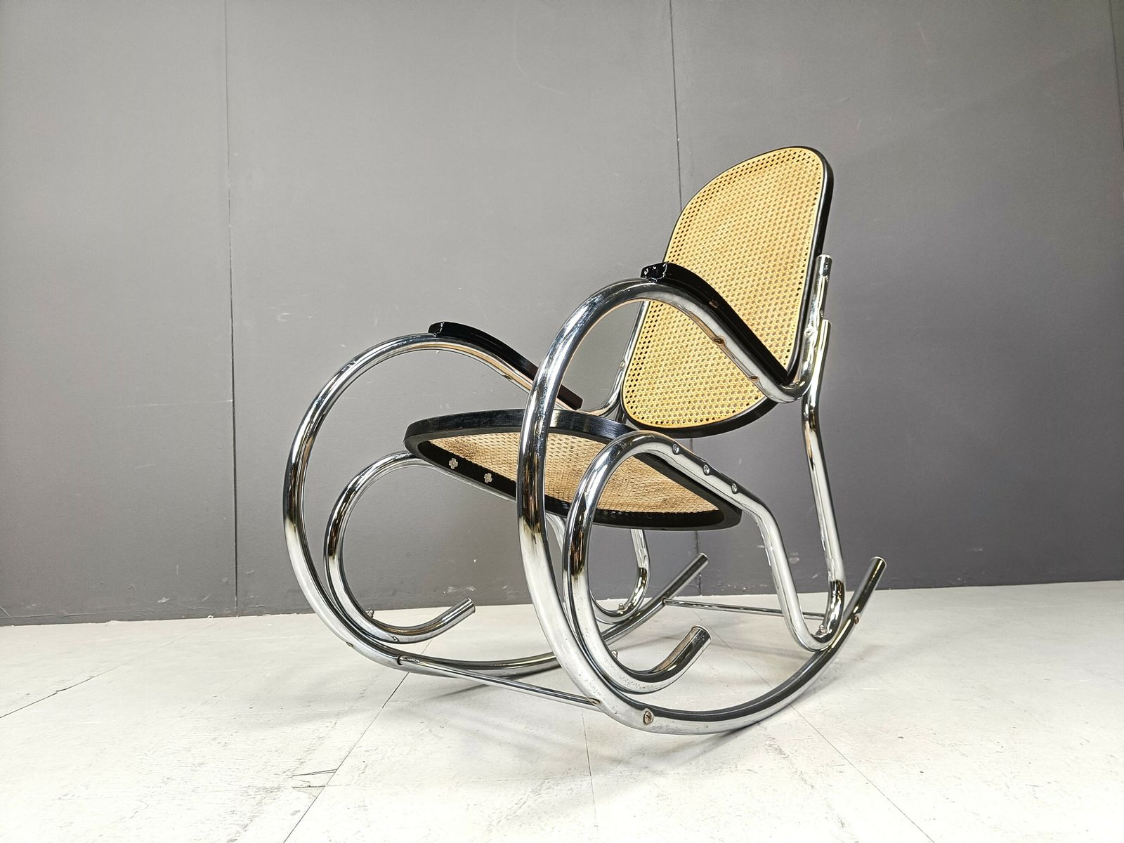 Furniture Vintage Chrome And Rattan Rocking Chair, 1960s photo