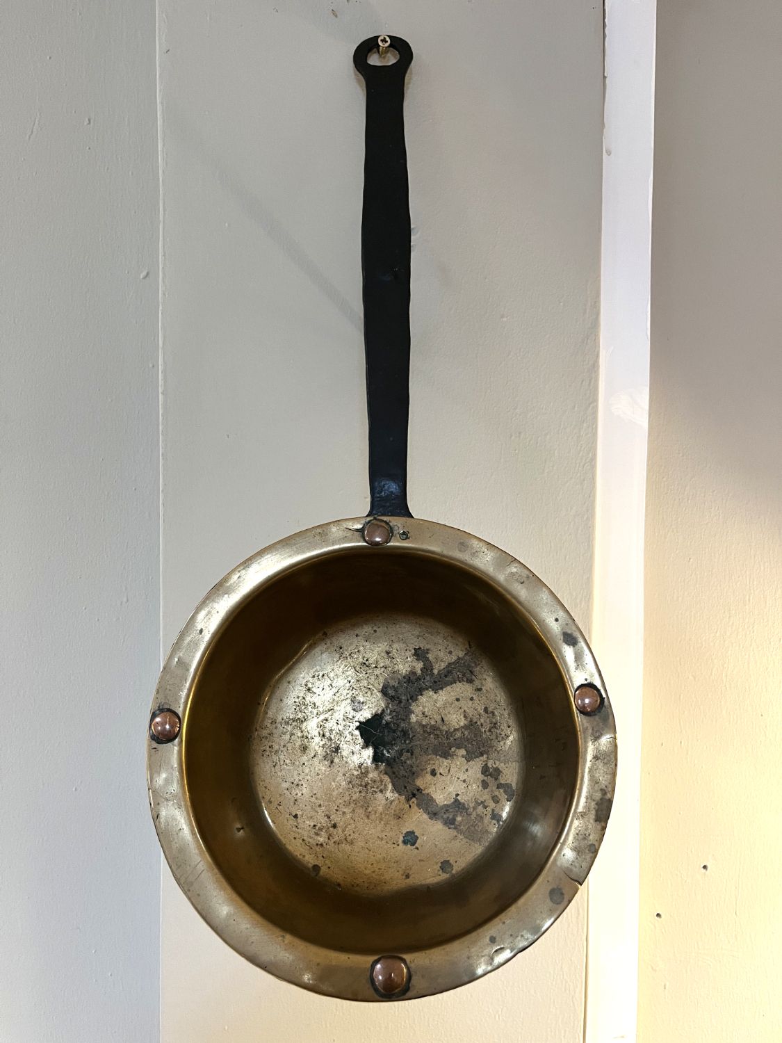 Georgian Fireside Down Hearth Skillet Brass Copper Cast Iron Pan English C1810 photo vintage