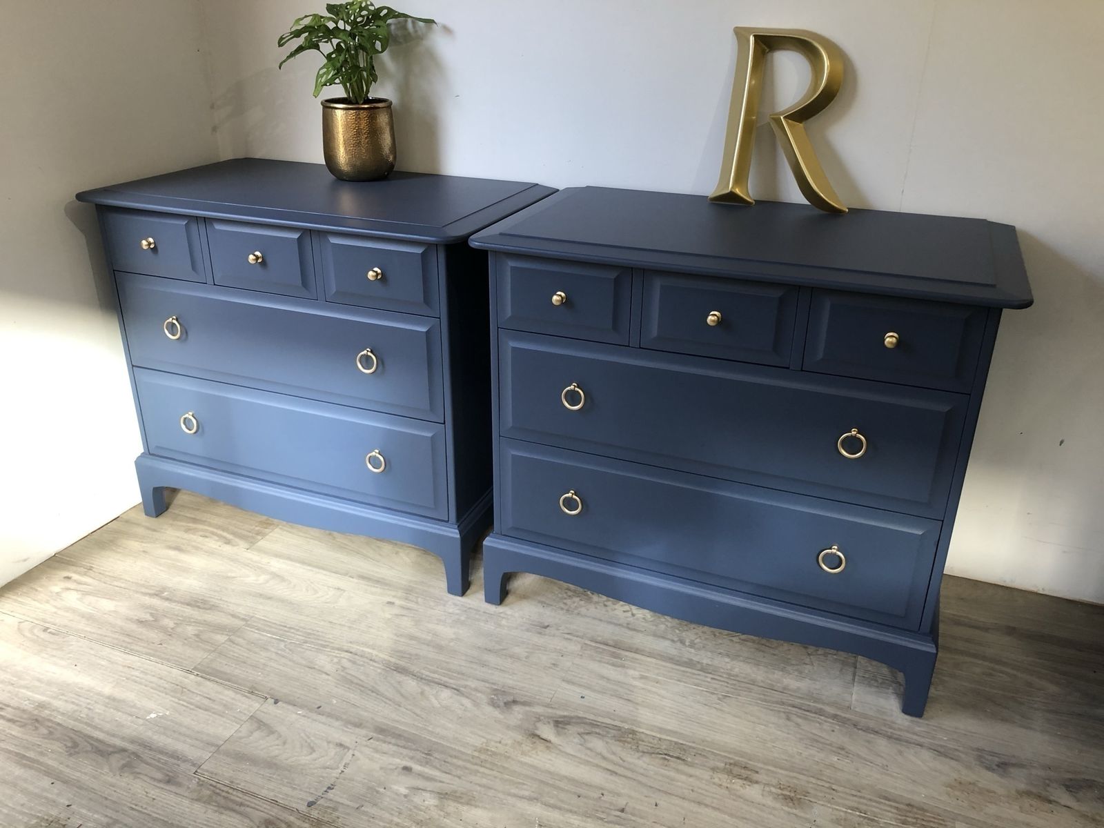 Stag Minstrel Pair Of 3 Over 2 Chest Of Drawers Royal Sapphire Blue photo 990.0