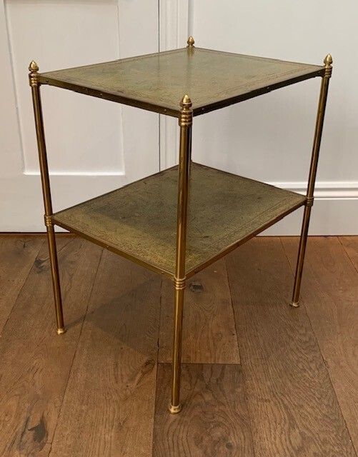 Lacquered Brass And Tooled Leather Occasional Side Table Or Etagere In The Manner Of Mallett Of London